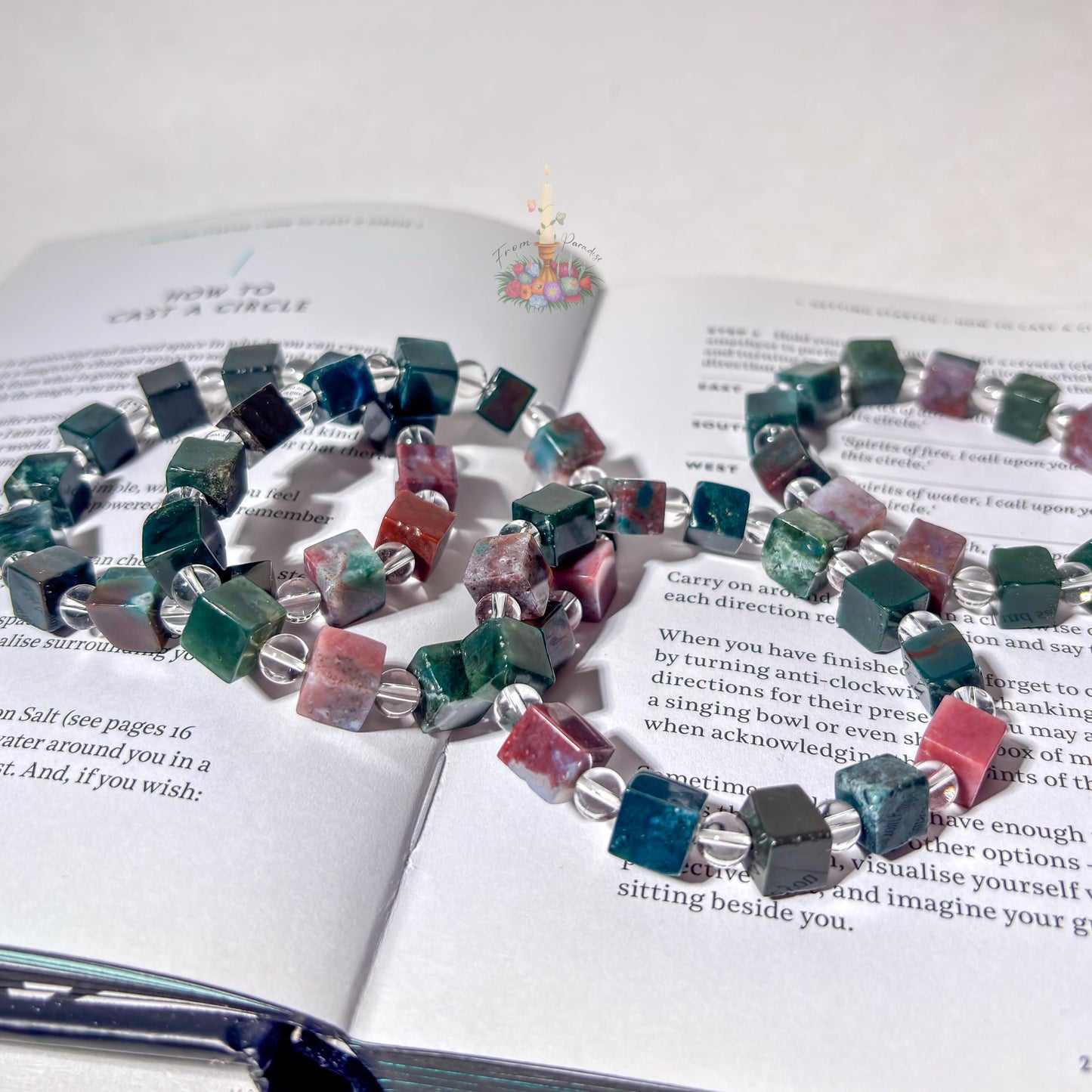 Sea Jasper Cube Bracelet with Clear Quartz Round Beads