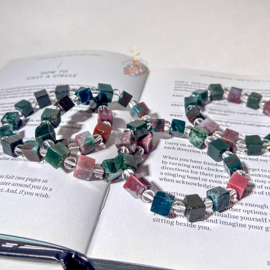 Sea Jasper Cube Bracelet with Clear Quartz Round Beads