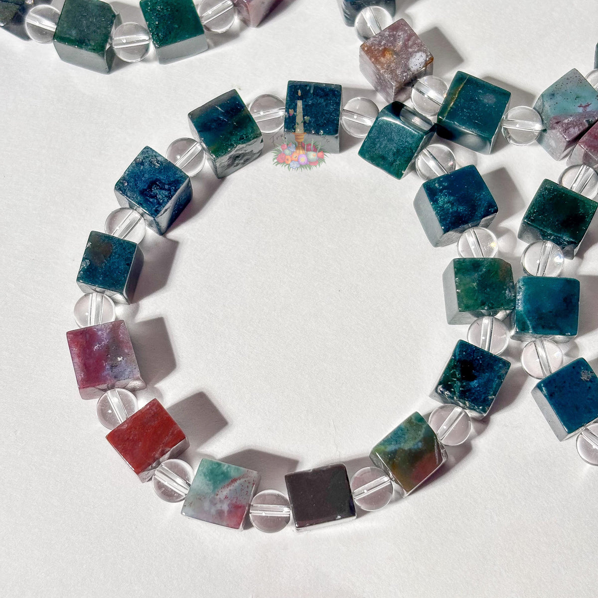 Sea Jasper Cube Bracelet with Clear Quartz Round Beads