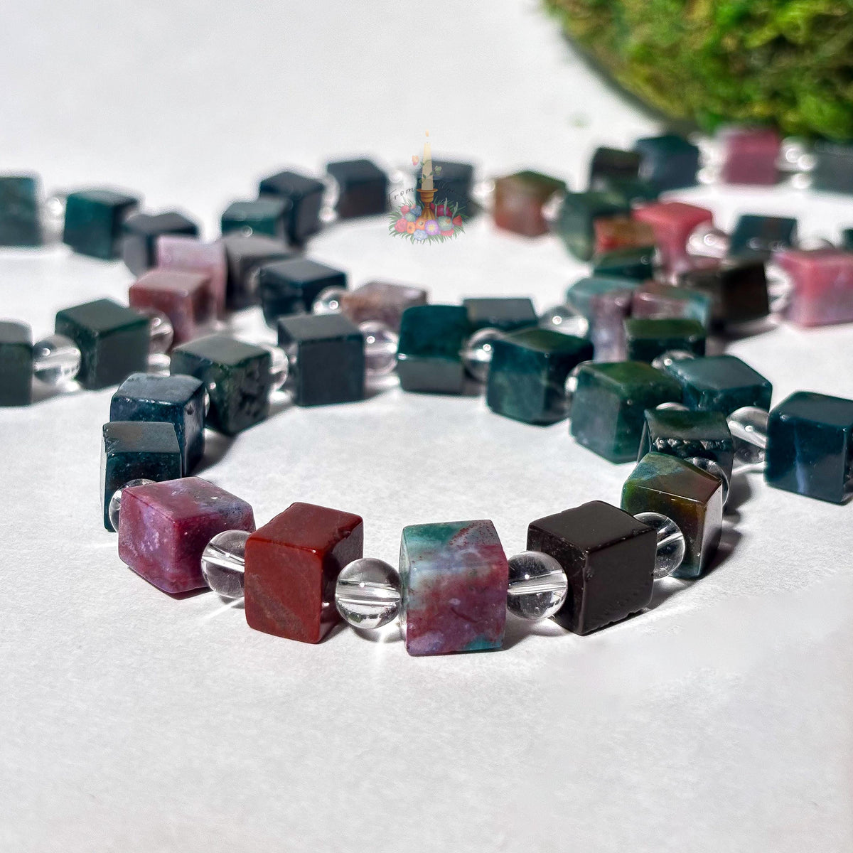 Sea Jasper Cube Bracelet with Clear Quartz Round Beads