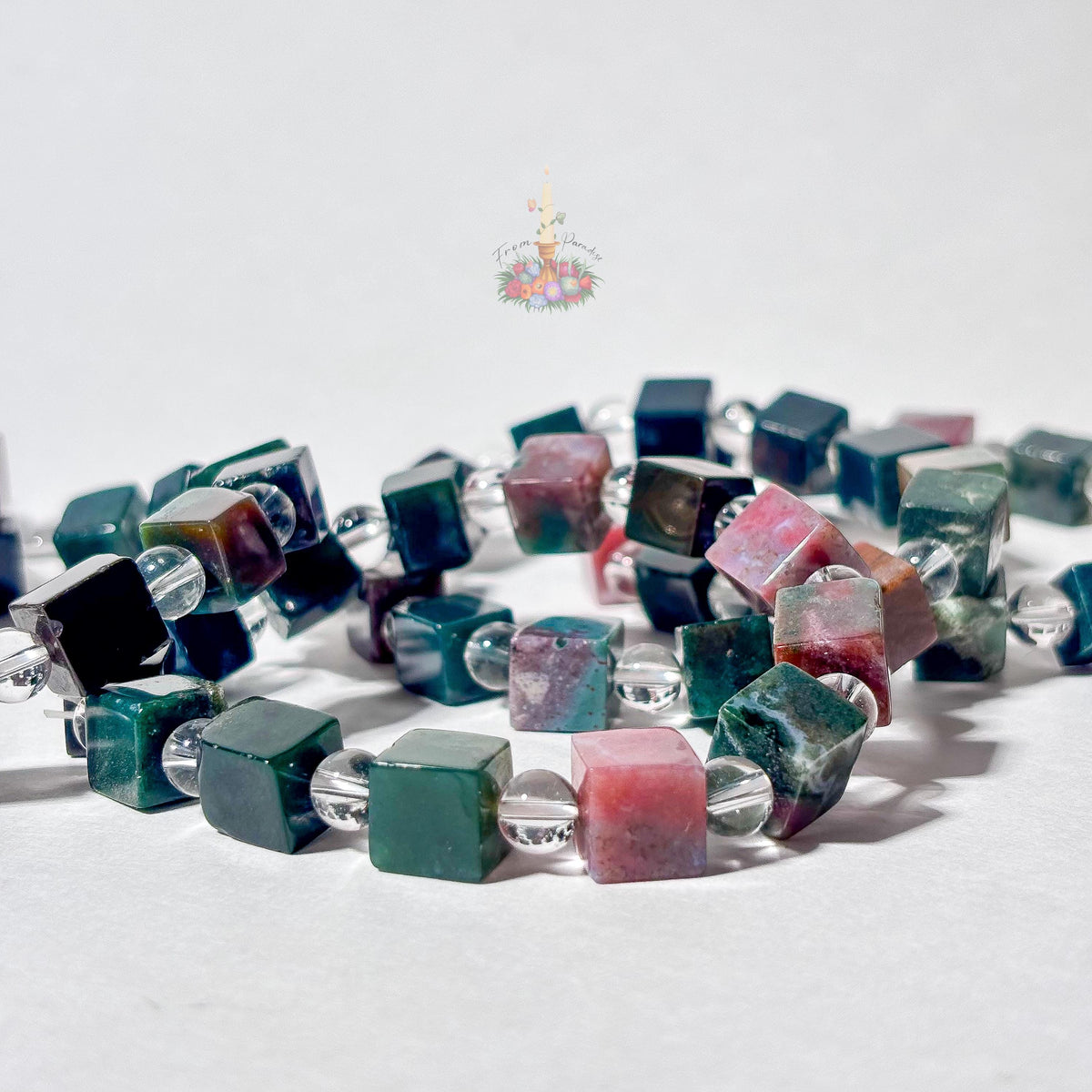 Sea Jasper Cube Bracelet with Clear Quartz Round Beads