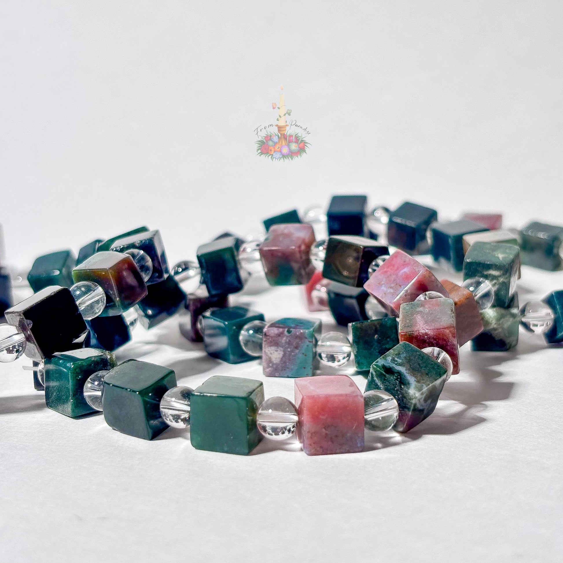 Sea Jasper Cube Bracelet with Clear Quartz Round Beads