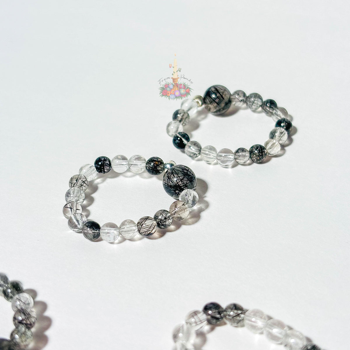 Black Tourmaline in Clear Quartz Bead Ring - Black Rutile Beaded Ring