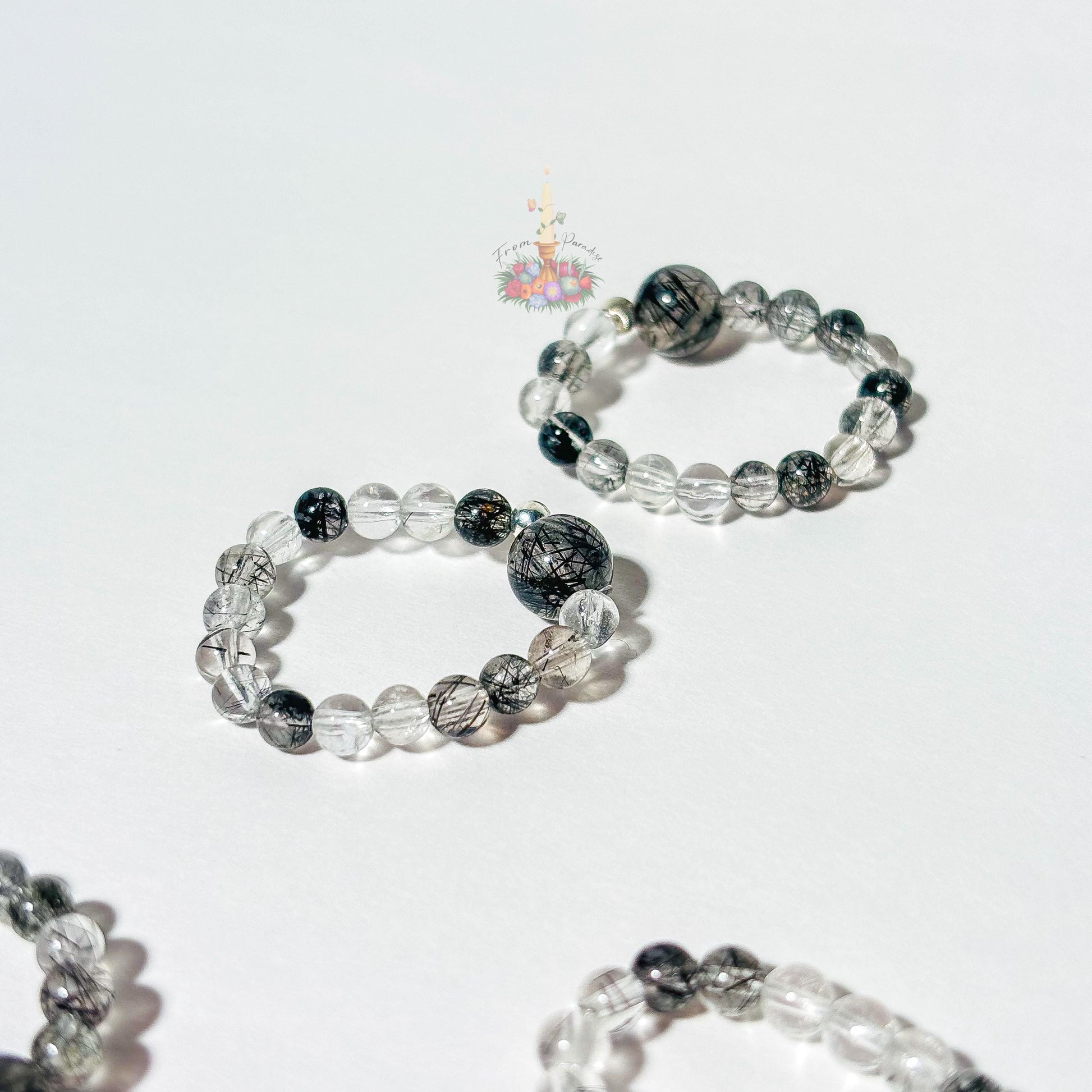 Black Tourmaline in Clear Quartz Bead Ring - Black Rutile Beaded Ring