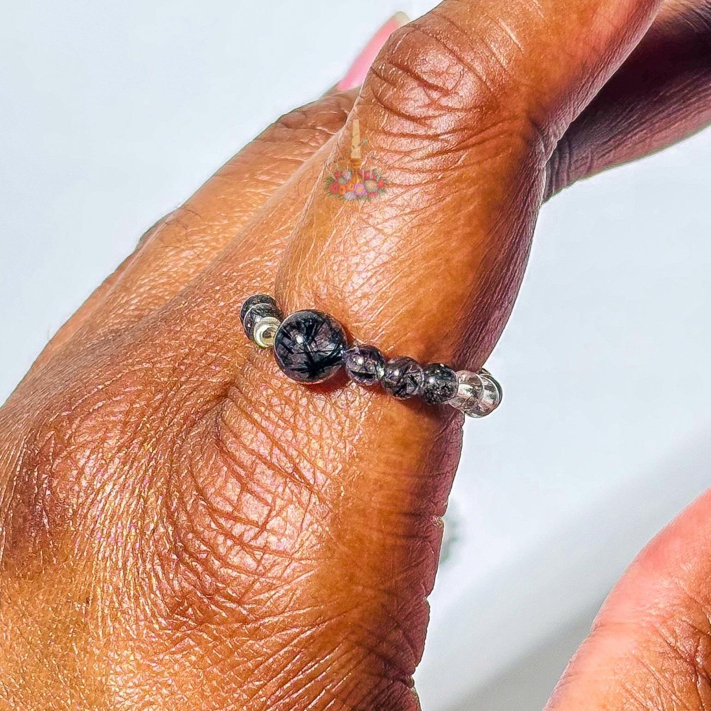Black Tourmaline in Clear Quartz Bead Ring - Black Rutile Beaded Ring