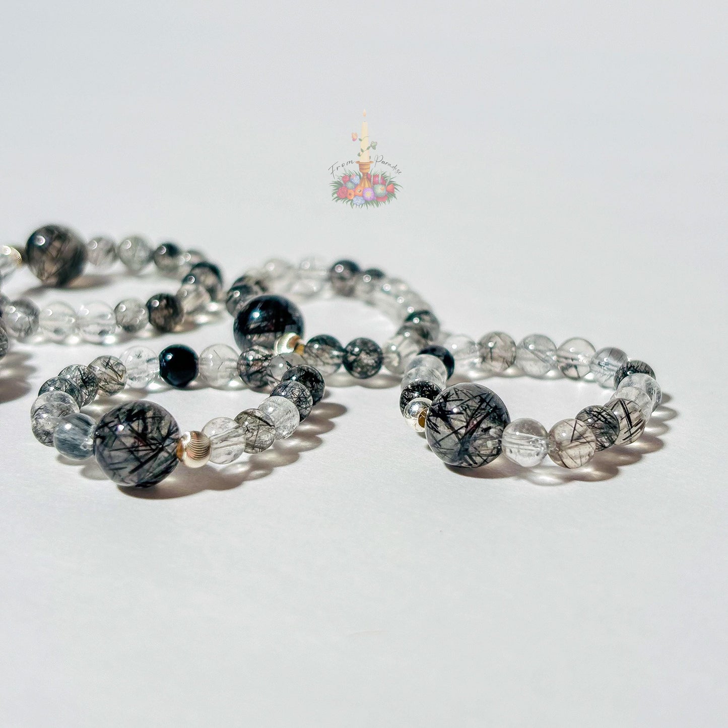 Black Tourmaline in Clear Quartz Bead Ring - Black Rutile Beaded Ring