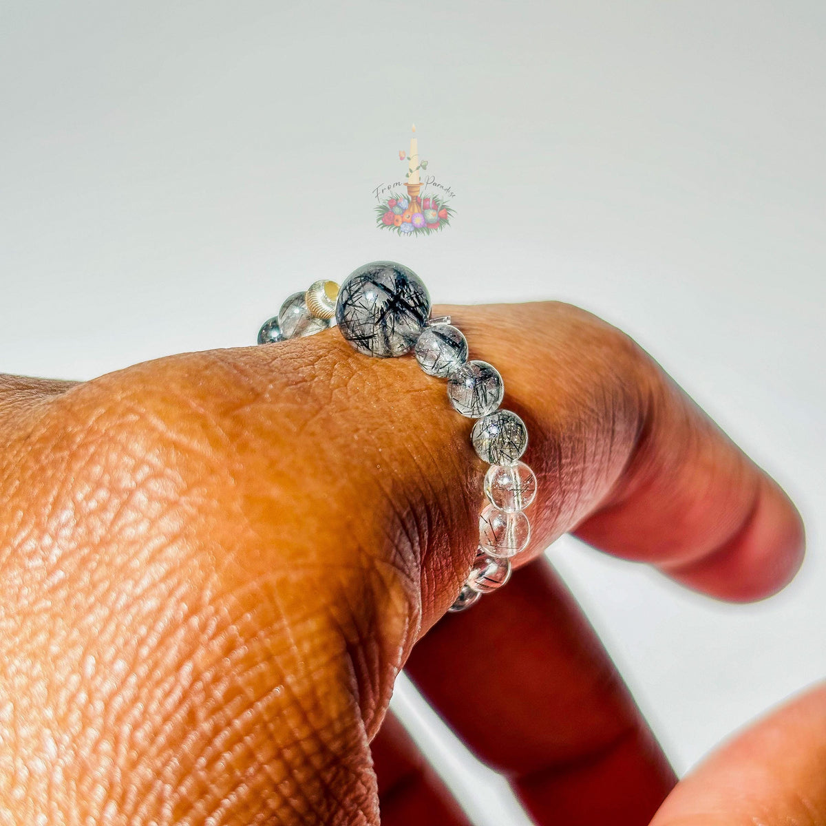 Black Tourmaline in Clear Quartz Bead Ring - Black Rutile Beaded Ring