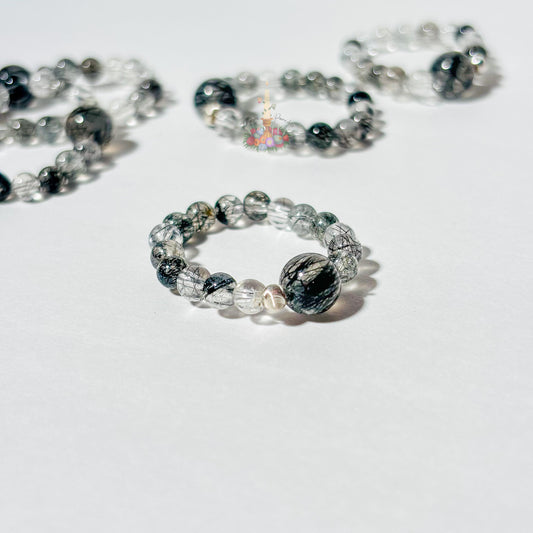 Black Tourmaline in Clear Quartz Bead Ring - Black Rutile Beaded Ring