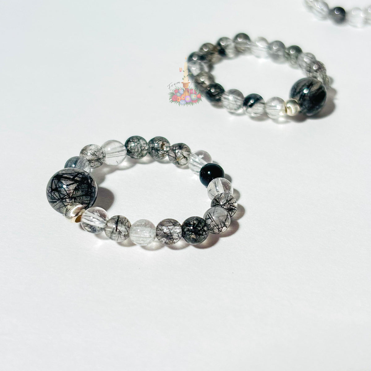 Black Tourmaline in Clear Quartz Bead Ring - Black Rutile Beaded Ring