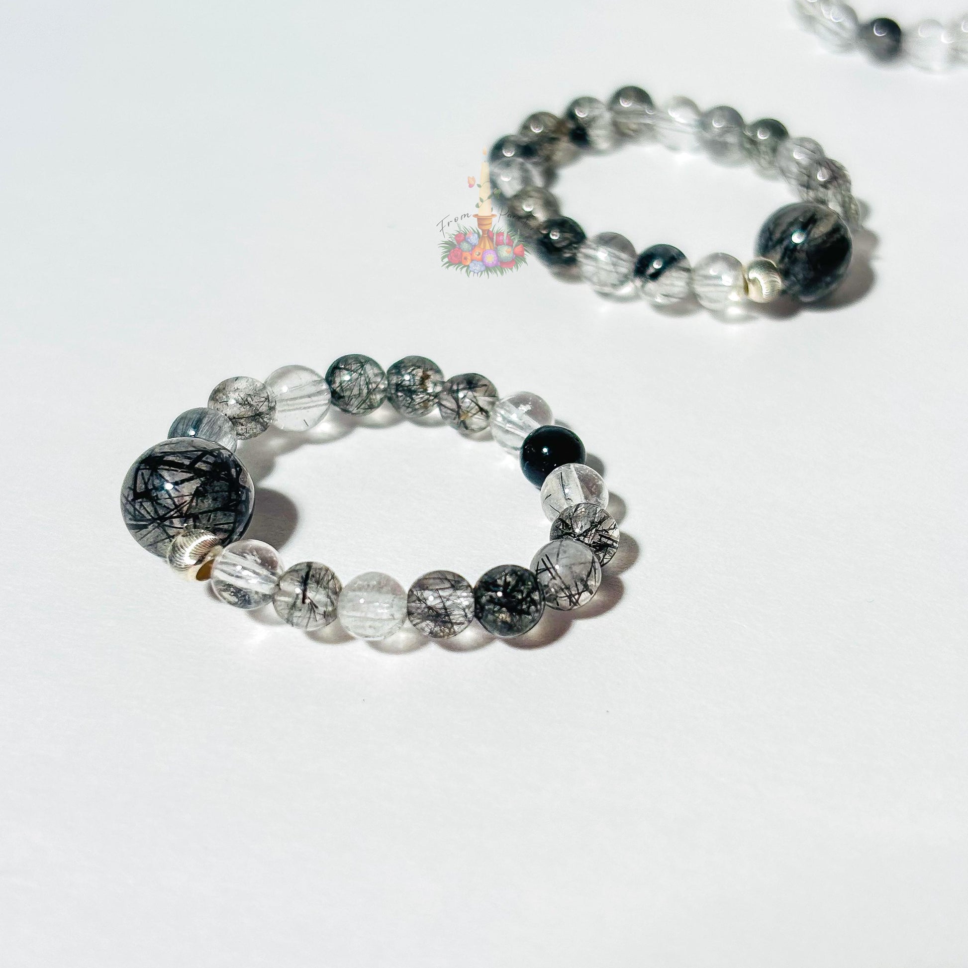 Black Tourmaline in Clear Quartz Bead Ring - Black Rutile Beaded Ring