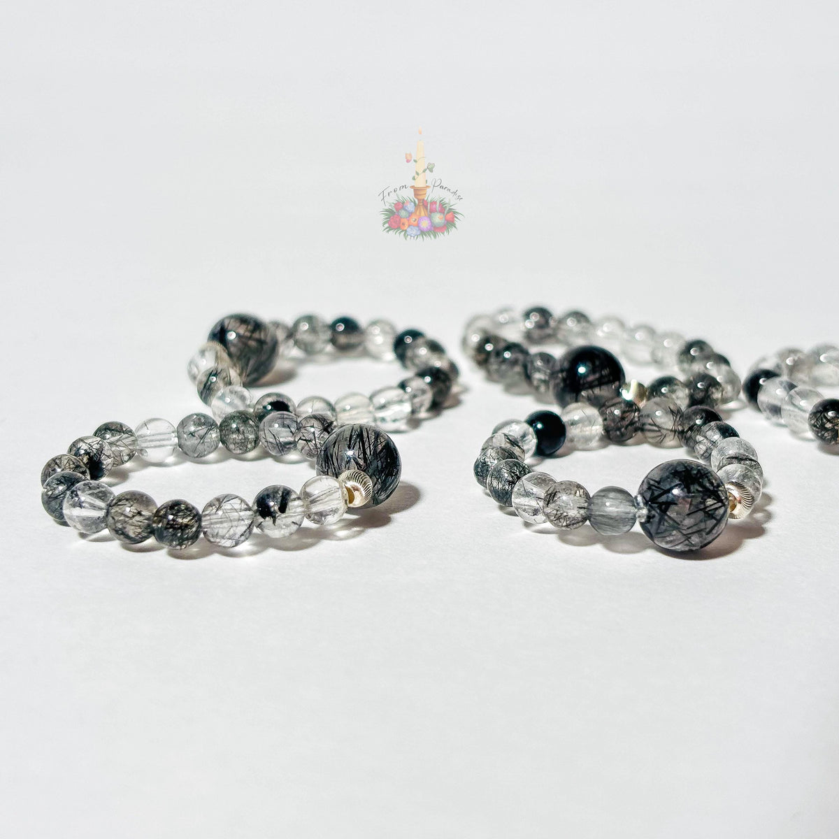 Black Tourmaline in Clear Quartz Bead Ring - Black Rutile Beaded Ring