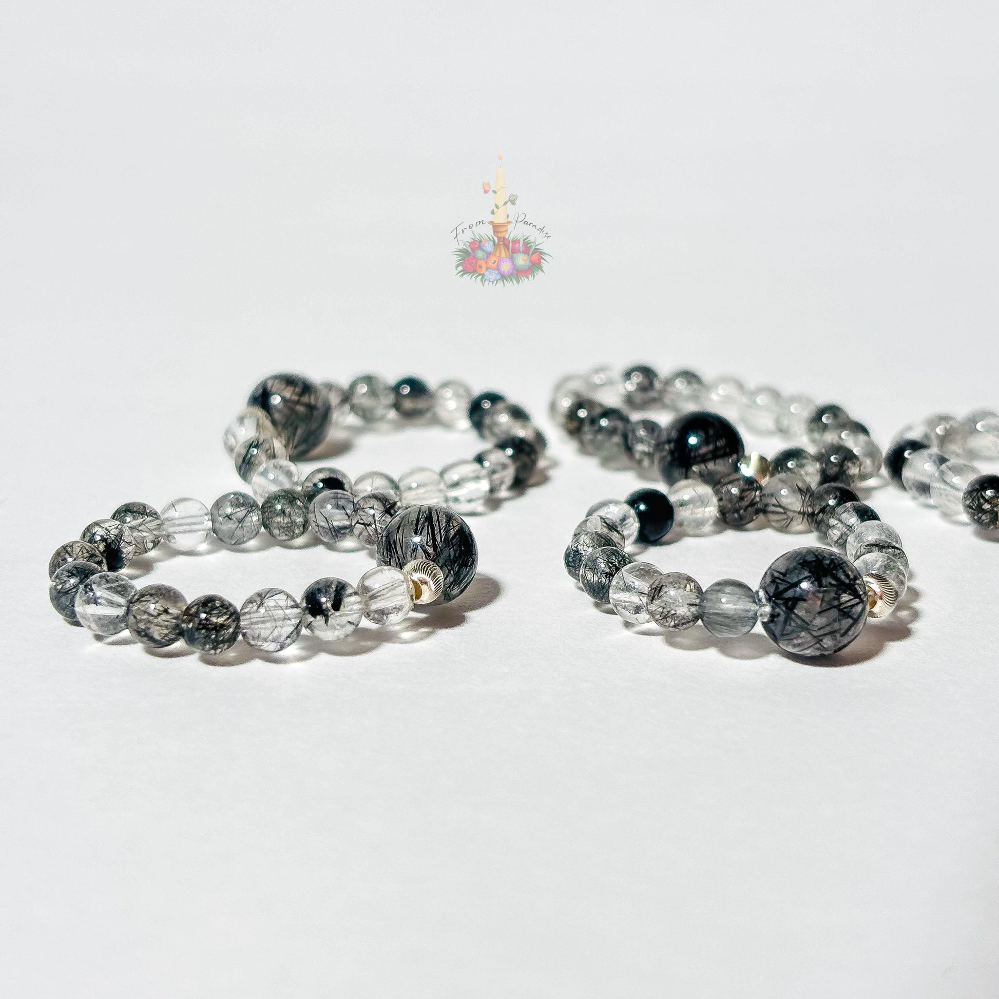 Black Tourmaline in Clear Quartz Bead Ring - Black Rutile Beaded Ring
