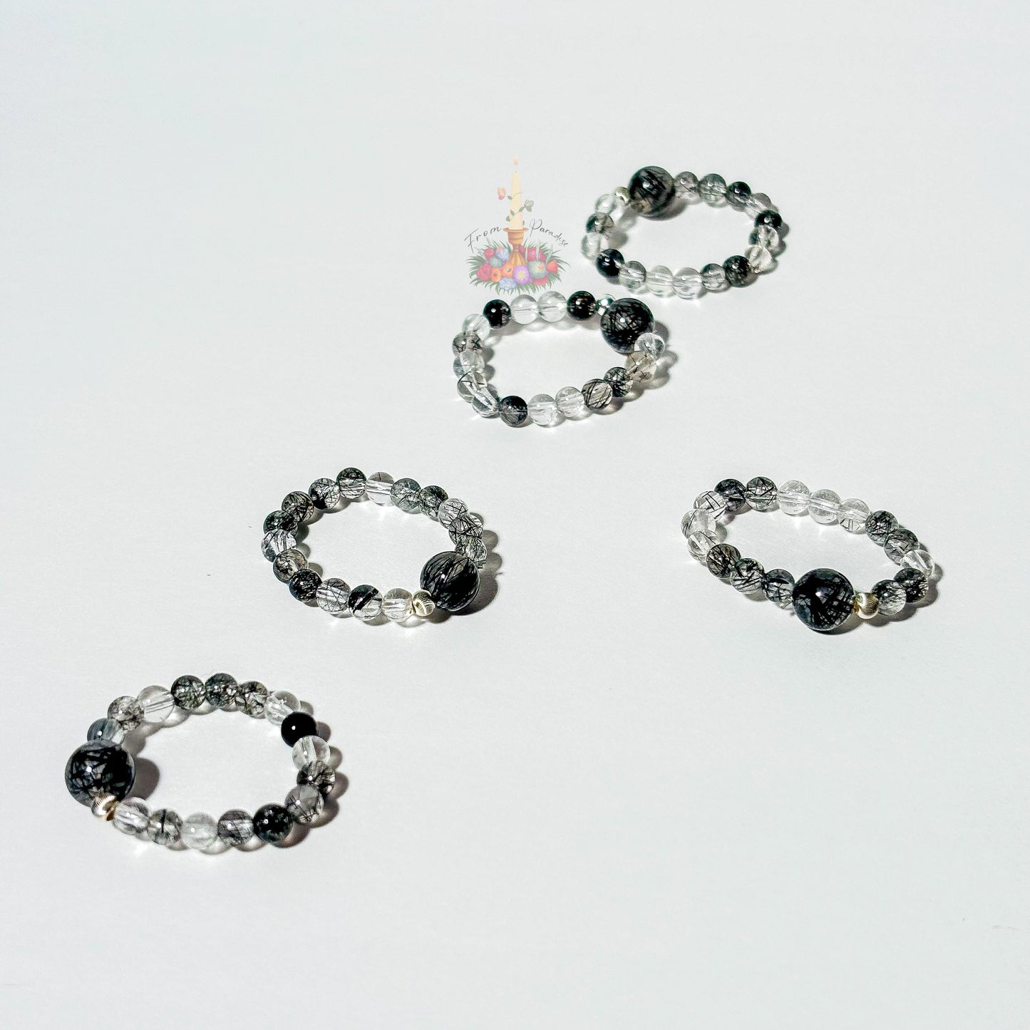 Black Tourmaline in Clear Quartz Bead Ring - Black Rutile Beaded Ring