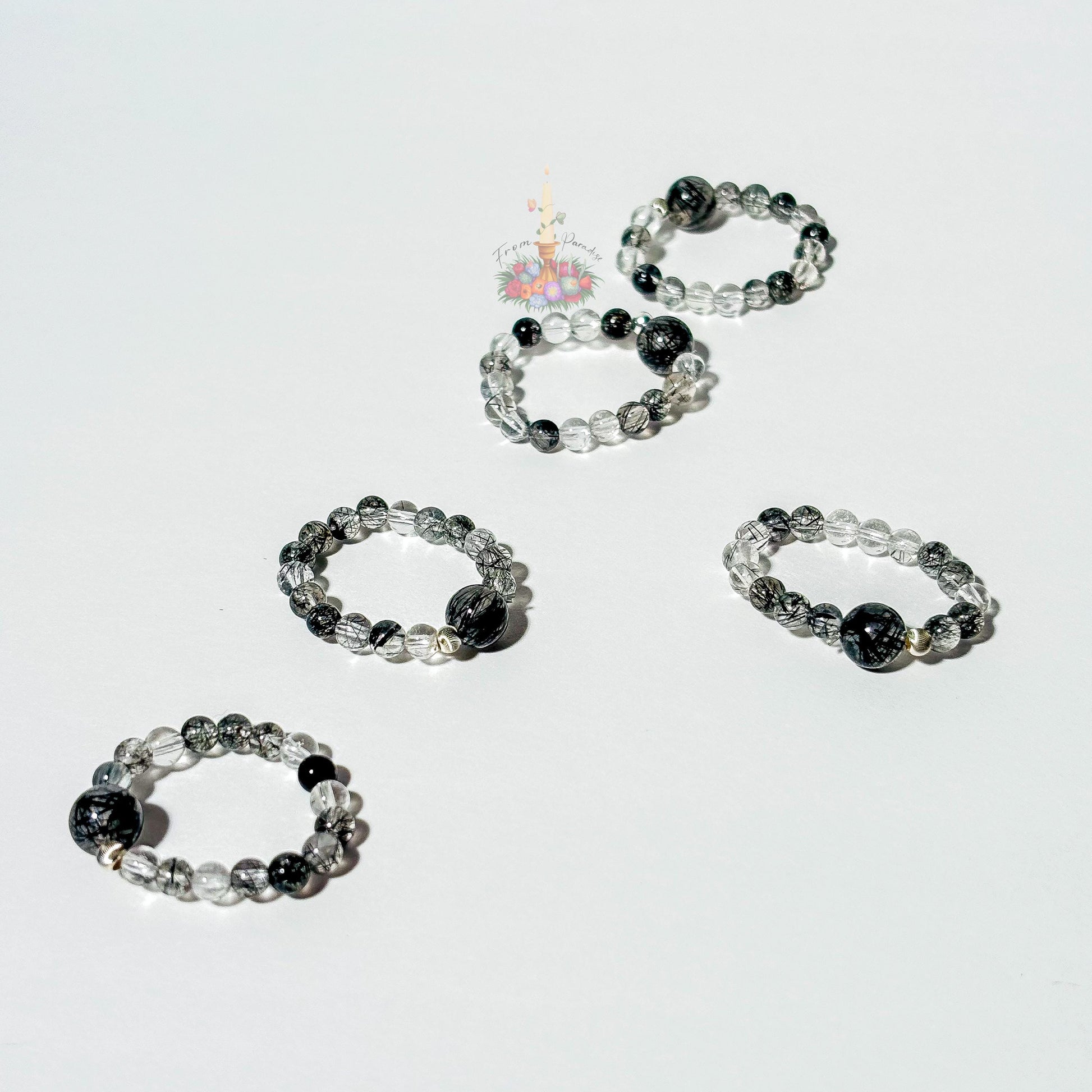 Black Tourmaline in Clear Quartz Bead Ring - Black Rutile Beaded Ring