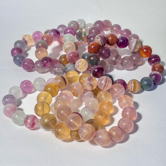 Rainbow Fluorite Crystal Stretch Bracelet, Stone for Focus, 13mm 14mm