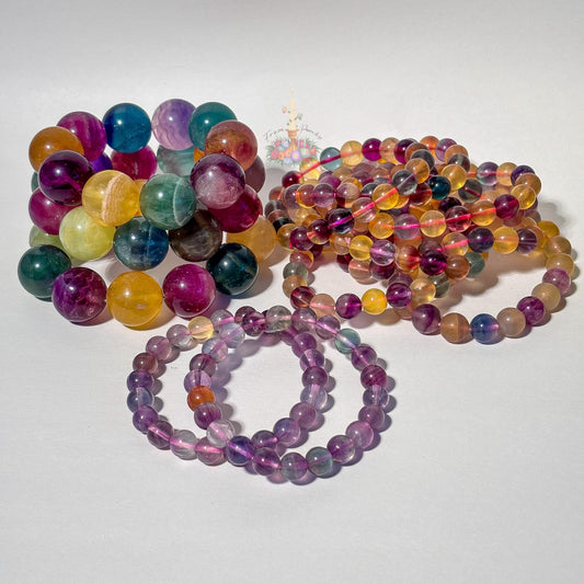 Rainbow Fluorite Crystal Stretch Bracelet, Stone for Focus, 9mm 10mm 19mm