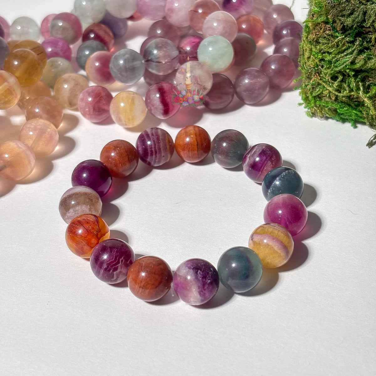 Rainbow Fluorite Crystal Stretch Bracelet, Stone for Focus, 13mm 14mm
