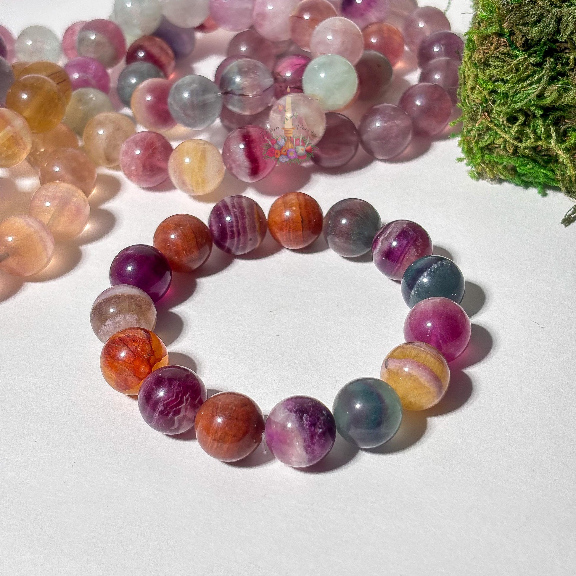 Rainbow Fluorite Crystal Stretch Bracelet, Stone for Focus, 13mm 14mm