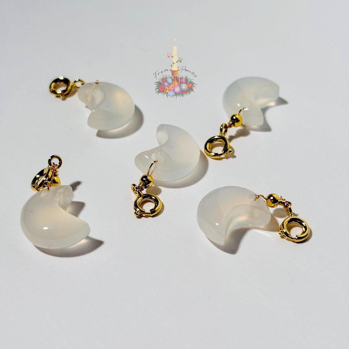 White Chalcedony Crescent Moon Charm, Gold Spring Clasp Pendant, Gemstone Moon Jewelry Making Supply, Dainty Crystal Charm, Bracelet Charms