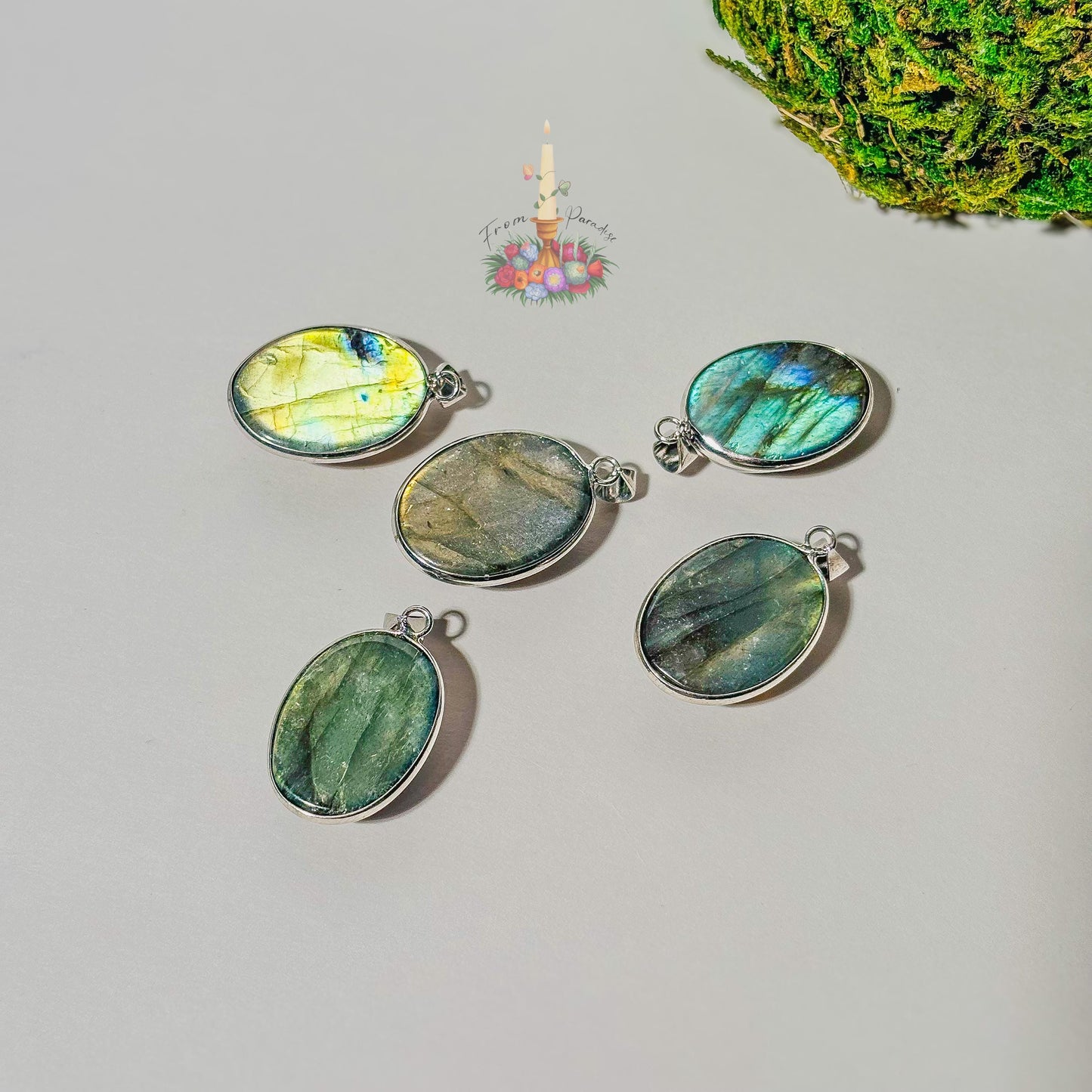 labradorite crystal pendants set in silver bezels are arranged on a plain white surface. Each pendant showcases a unique natural flash of color, ranging from bright yellow and blue to deep green and grey. A small patch of green moss is visible in the top right corner, and a small decorative logo with a candle and flowers sits in the upper center.