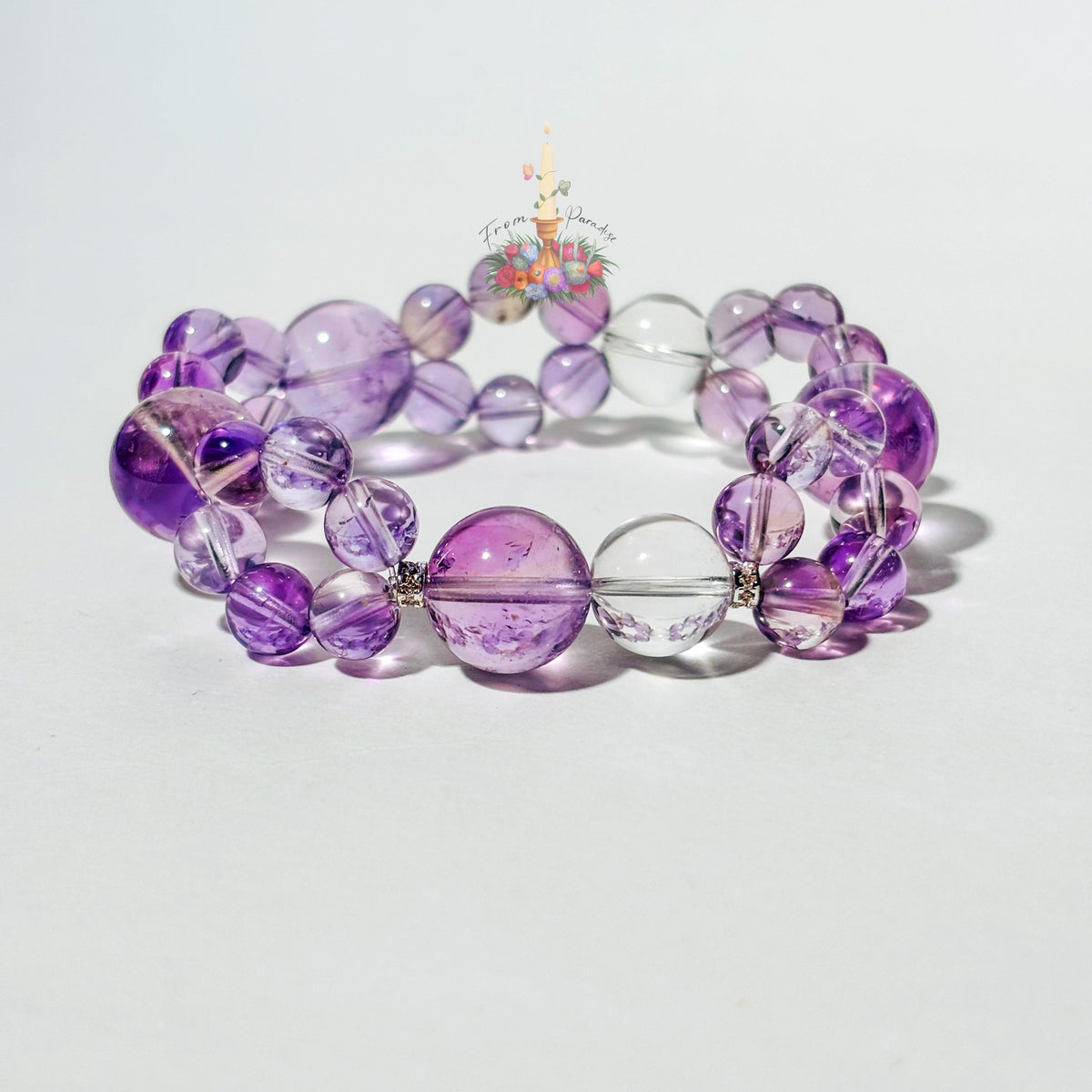 Natural Amethyst and Clear Quartz Bracelet, Two Layer Gemstone Stretch Bracelet, February Birthstone Crystal Jewelry
