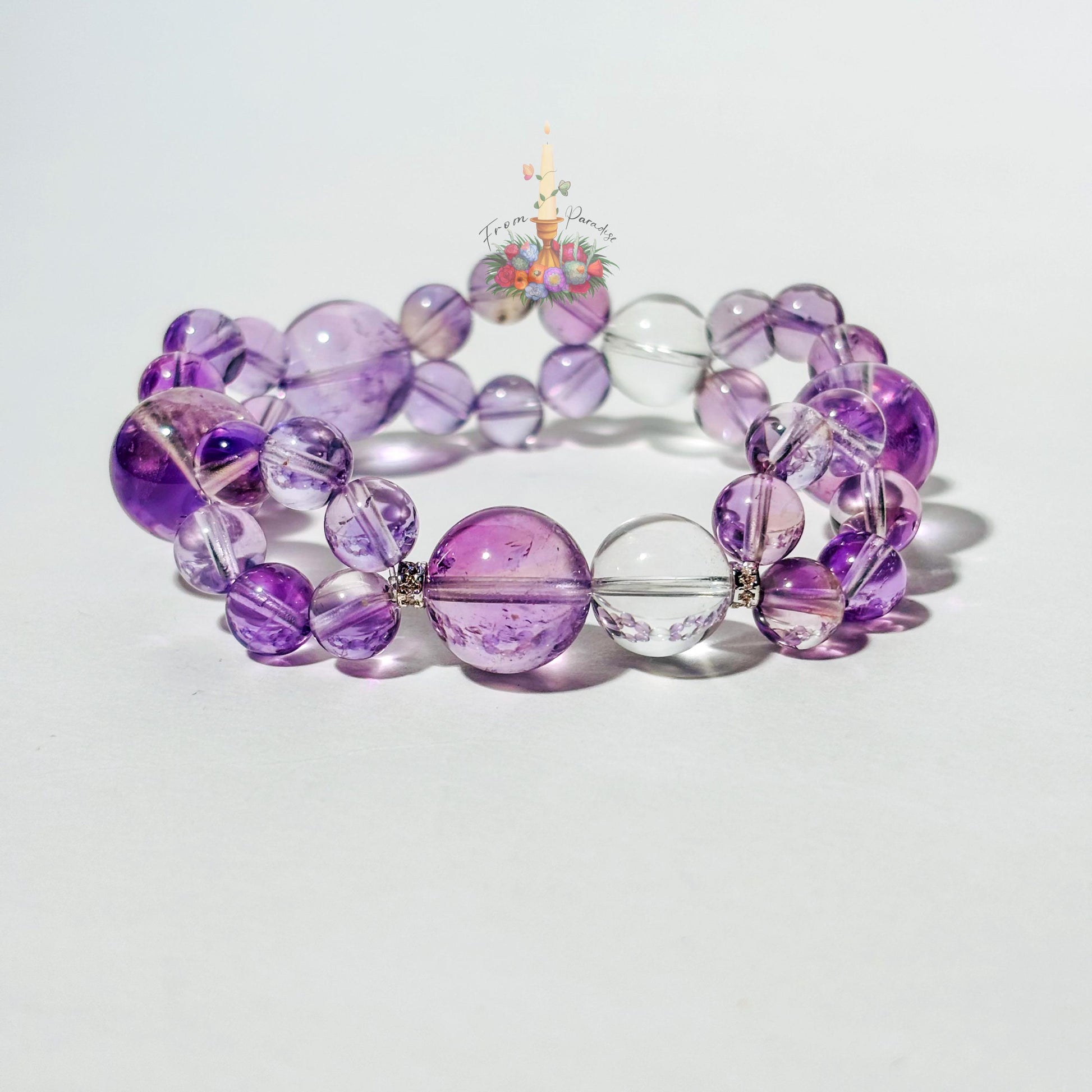 Natural Amethyst and Clear Quartz Bracelet, Two Layer Gemstone Stretch Bracelet, February Birthstone Crystal Jewelry