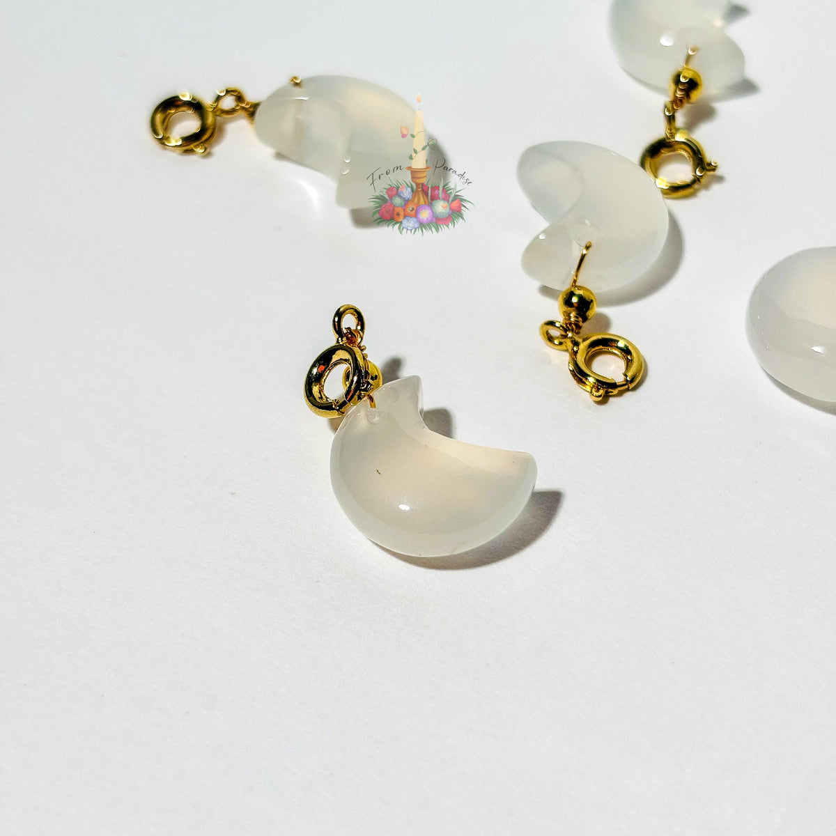 White Chalcedony Crescent Moon Charm, Gold Spring Clasp Pendant, Gemstone Moon Jewelry Making Supply, Dainty Crystal Charm, Bracelet Charms