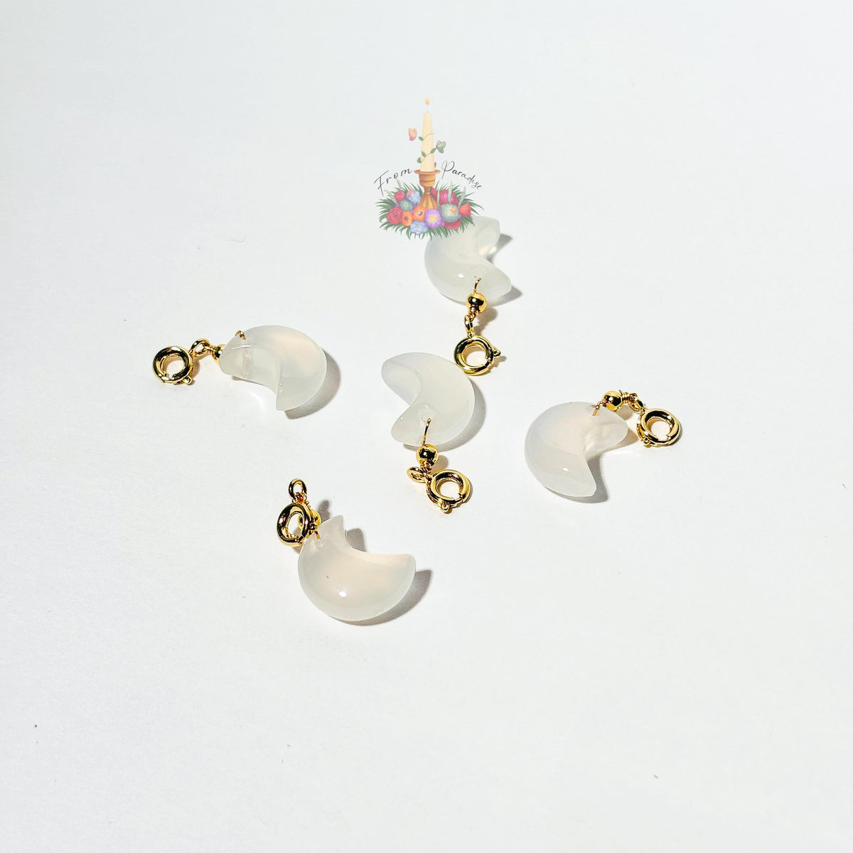 White Chalcedony Crescent Moon Charm, Gold Spring Clasp Pendant, Gemstone Moon Jewelry Making Supply, Dainty Crystal Charm, Bracelet Charms