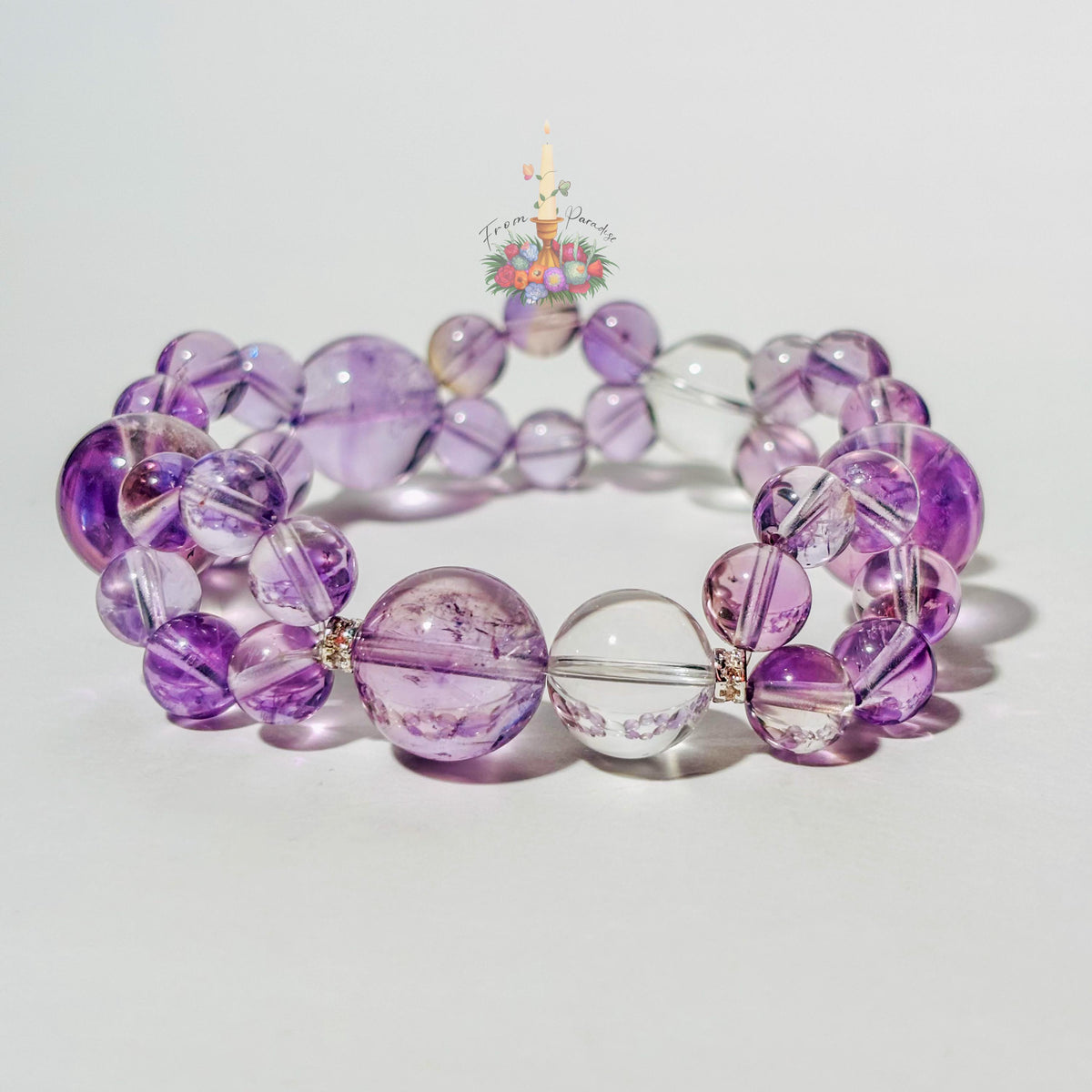 Natural Amethyst and Clear Quartz Bracelet, Two Layer Gemstone Stretch Bracelet, February Birthstone Crystal Jewelry