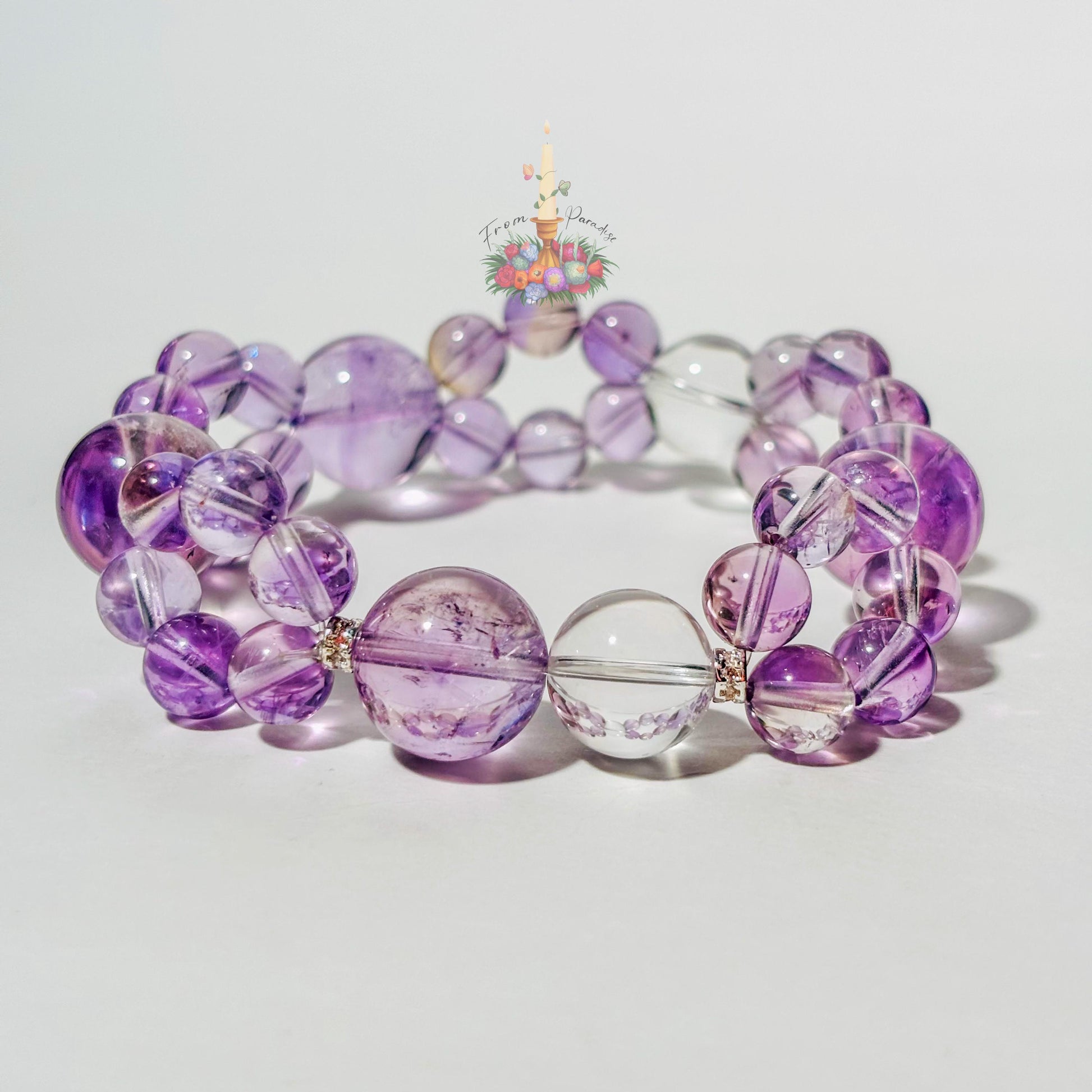Natural Amethyst and Clear Quartz Bracelet, Two Layer Gemstone Stretch Bracelet, February Birthstone Crystal Jewelry