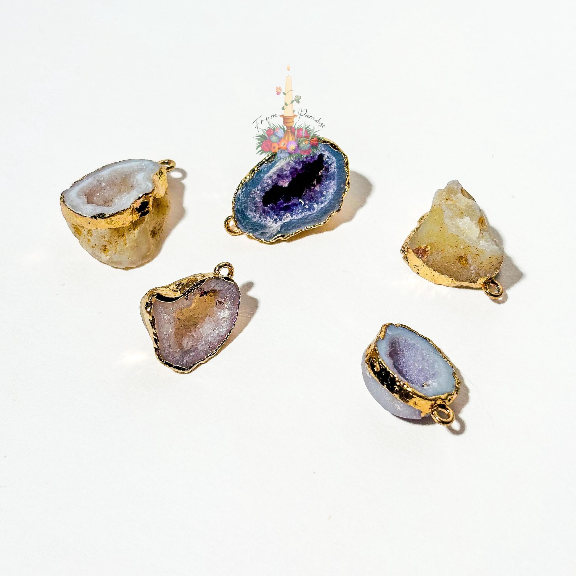 Druzy Quartz Pendant, Gold Electroplated Agate Geode Slice Charm Sparkling Raw Crystal Pendant for Jewelry Making, Unique Gift