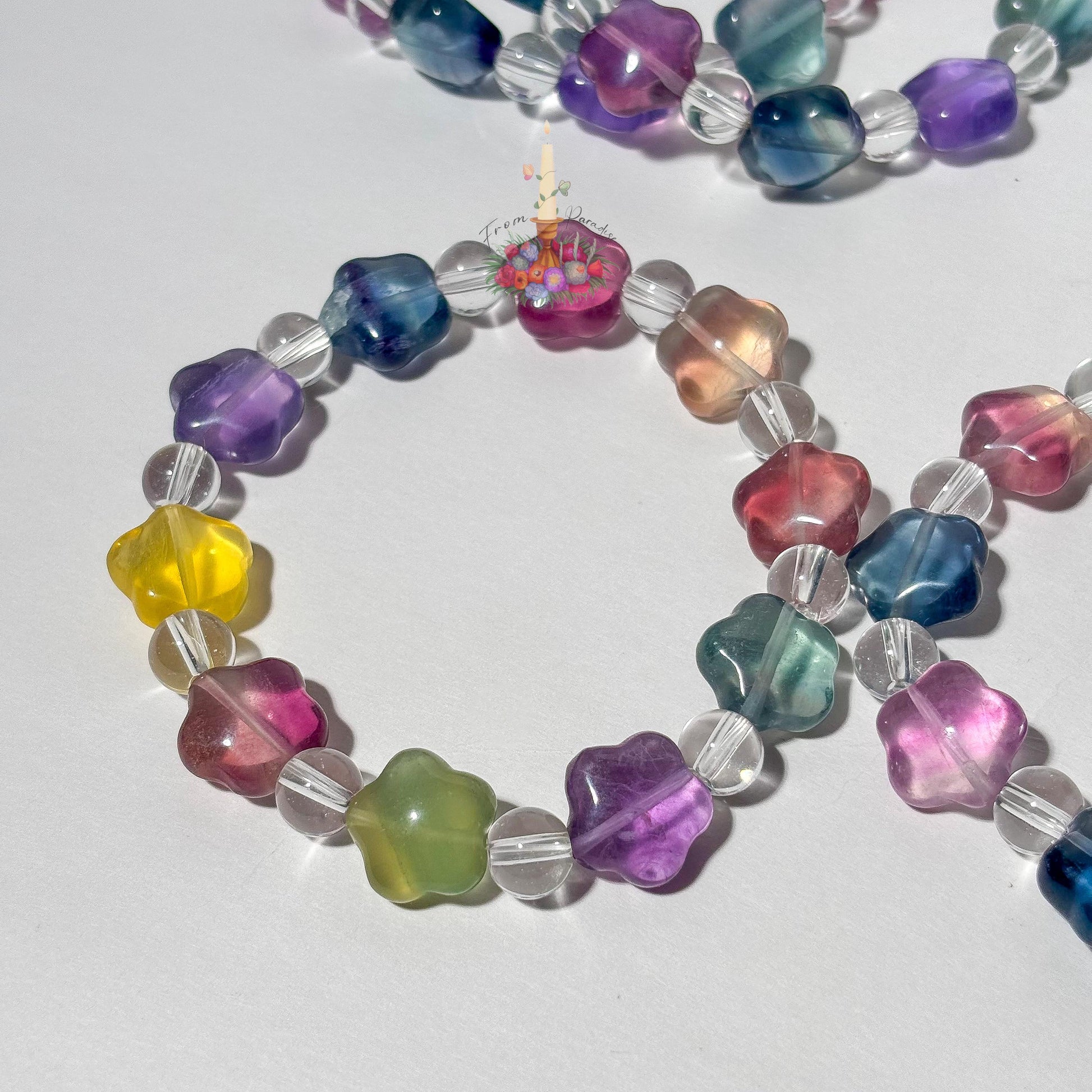 Rainbow Fluorite Star Crystal Bracelet, Clear Quartz Beaded Stretch Bracelet, Colorful Carved Gemstone Jewelry, Cute Celestial Crystal Gift
