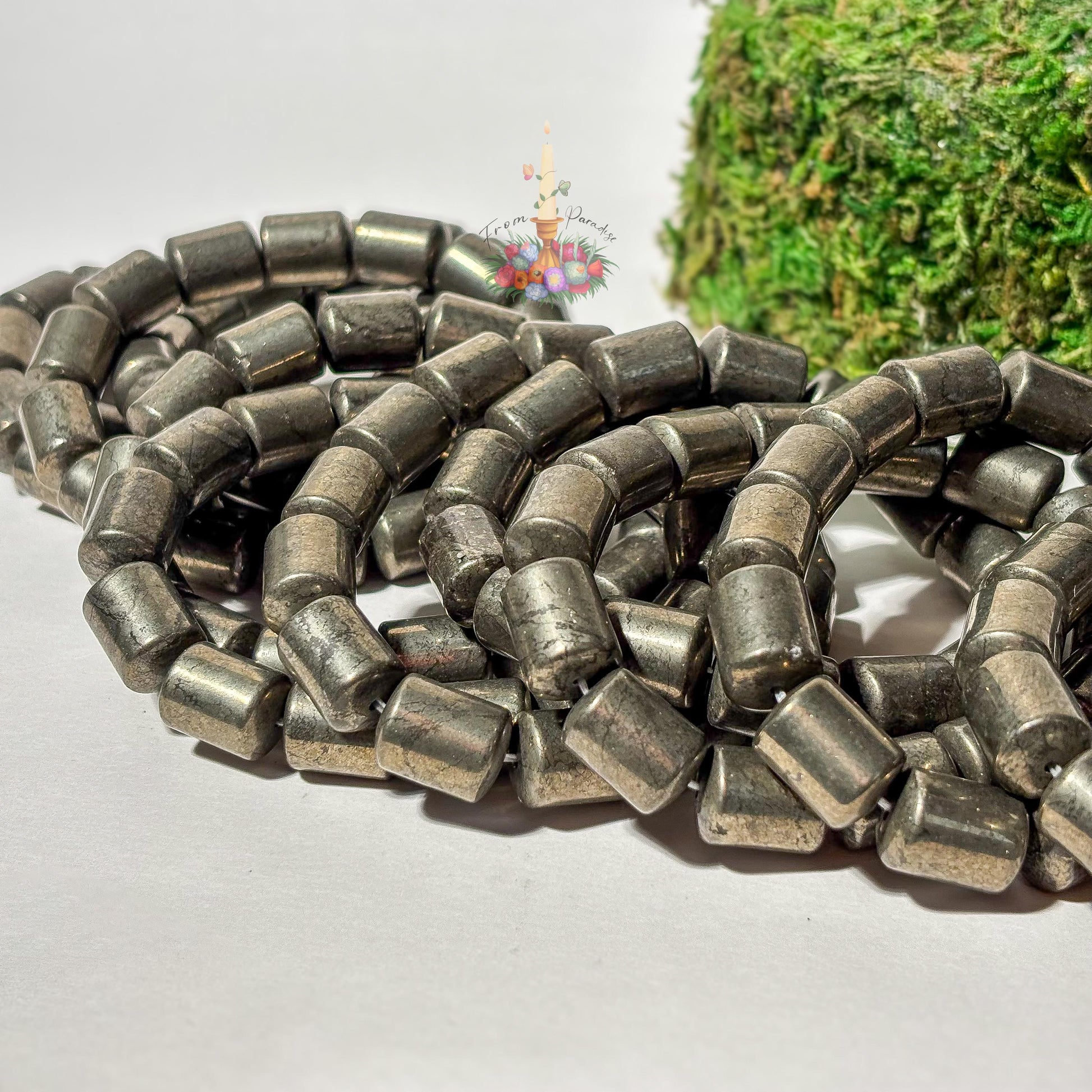 Natural Pyrite Barrel Bead Bracelet, Genuine Fool's Gold Gemstone Stretch Bracelet, Wealth and Protection Crystal Jewelry, Men’s Gift