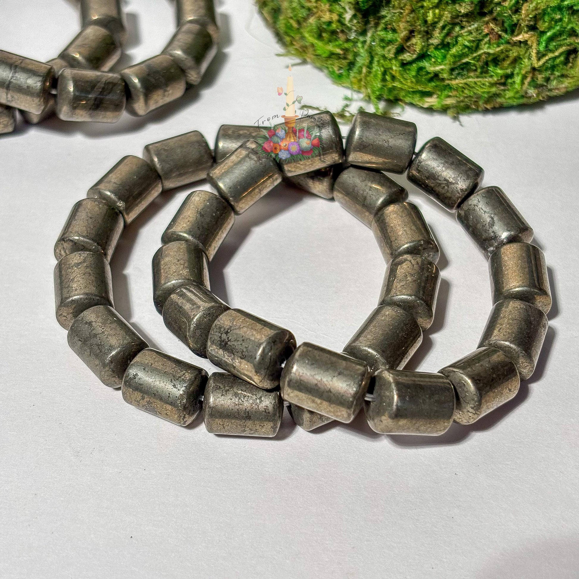 Natural Pyrite Barrel Bead Bracelet, Genuine Fool's Gold Gemstone Stretch Bracelet, Wealth and Protection Crystal Jewelry, Men’s Gift