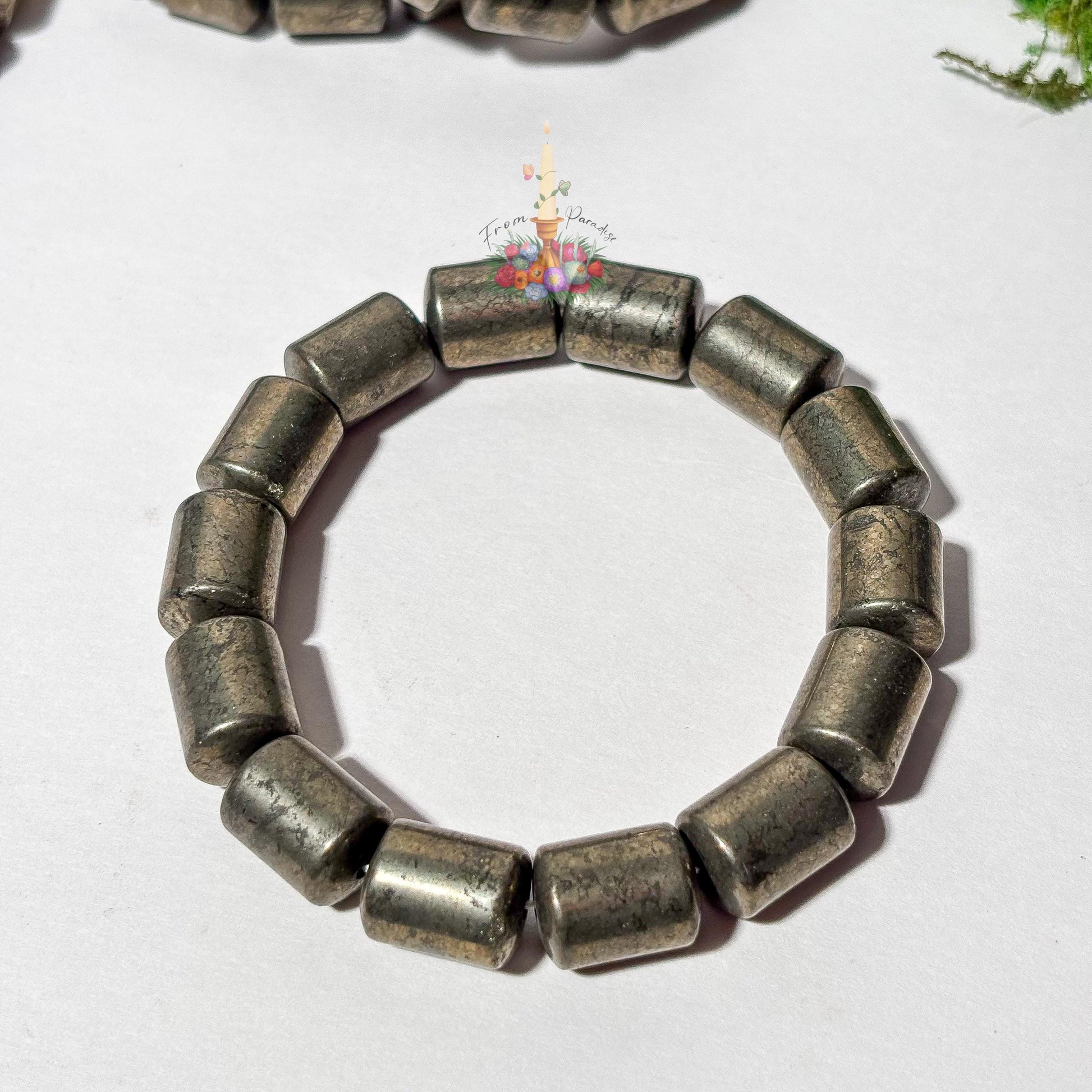 Natural Pyrite Barrel Bead Bracelet, Genuine Fool's Gold Gemstone Stretch Bracelet, Wealth and Protection Crystal Jewelry, Men’s Gift