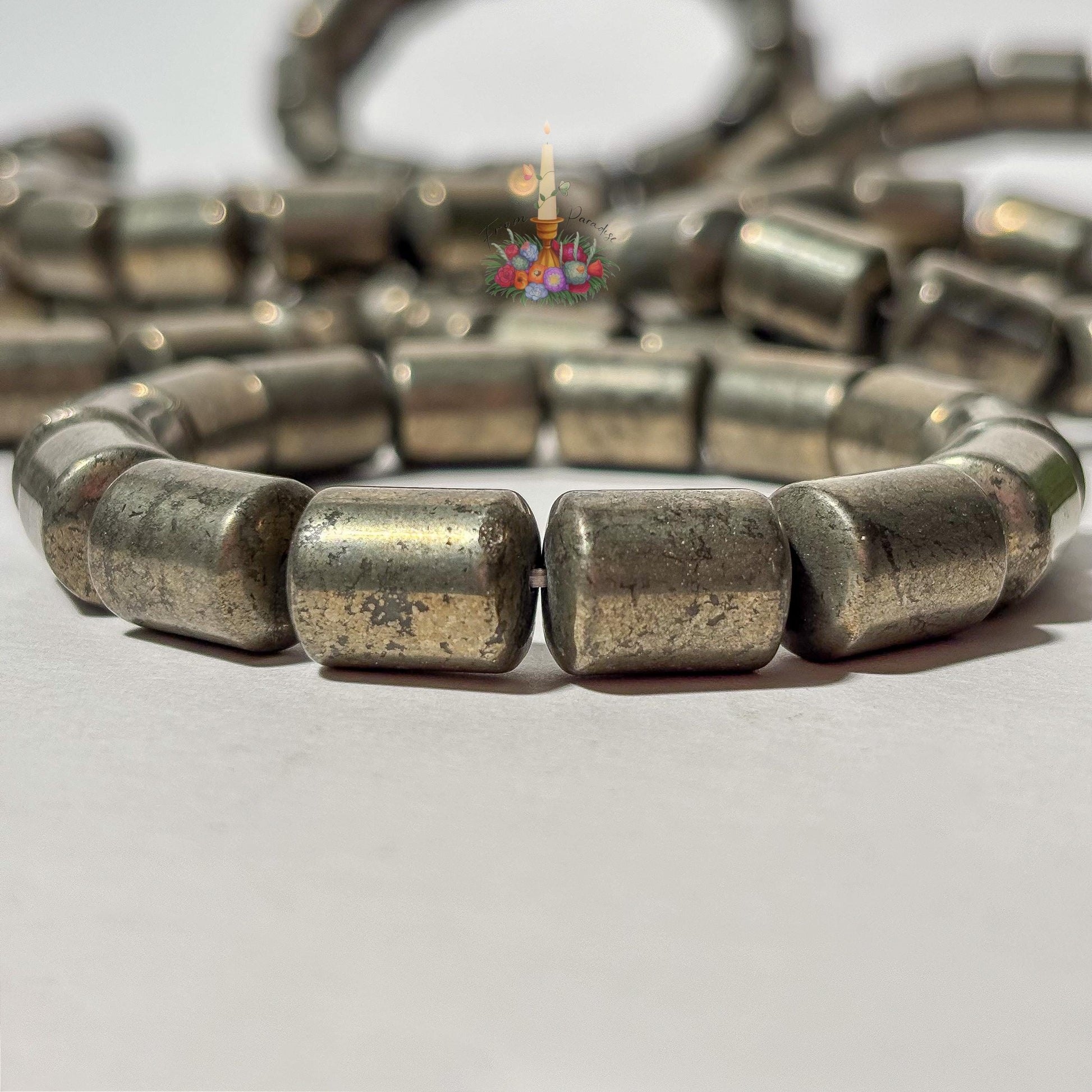 Natural Pyrite Barrel Bead Bracelet, Genuine Fool's Gold Gemstone Stretch Bracelet, Wealth and Protection Crystal Jewelry, Men’s Gift