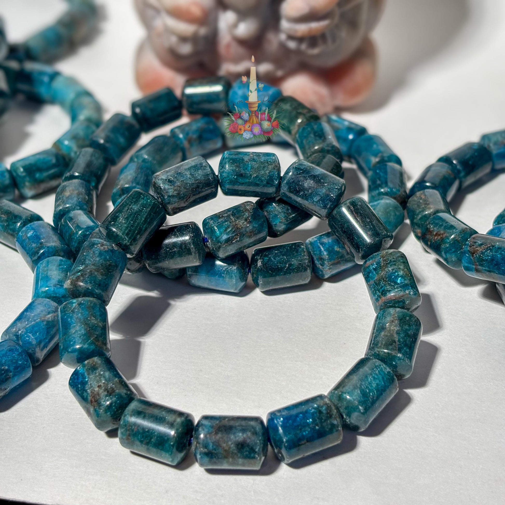 Natural Blue Apatite Barrel Bead Bracelet | Deep Teal Gemstone Cylinder Stretch Bracelet | Throat Chakra Manifestation Crystal Jewelry