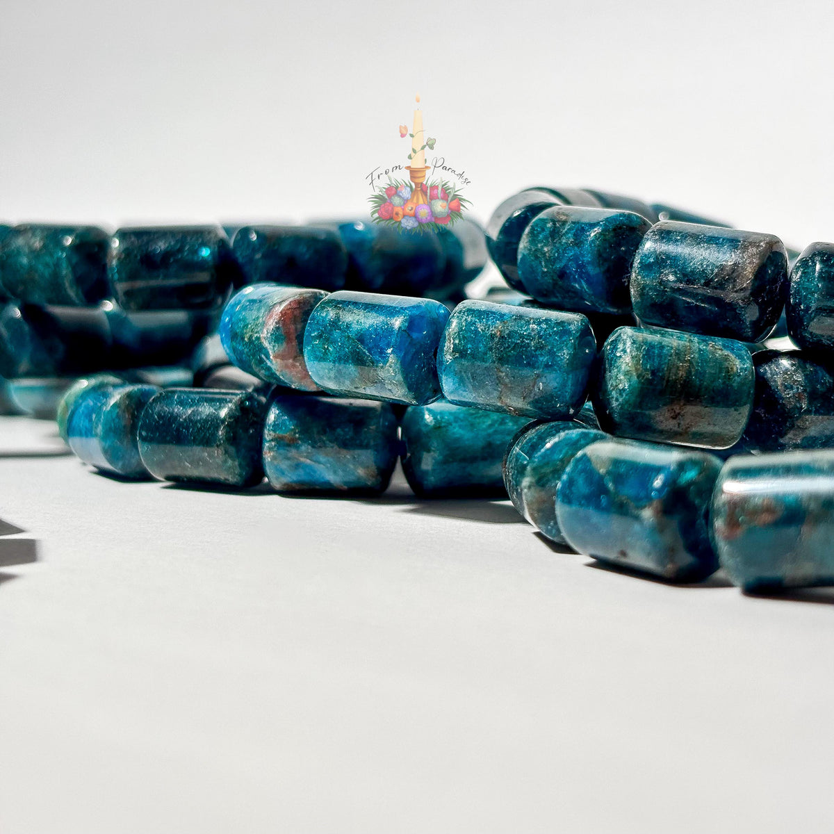 Natural Blue Apatite Barrel Bead Bracelet | Deep Teal Gemstone Cylinder Stretch Bracelet | Throat Chakra Manifestation Crystal Jewelry