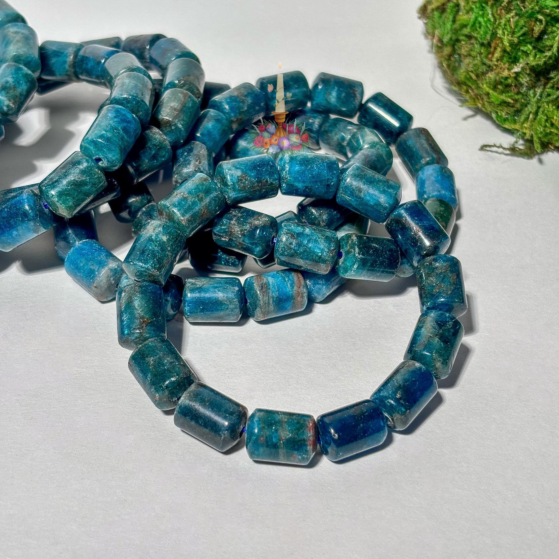 Natural Blue Apatite Barrel Bead Bracelet | Deep Teal Gemstone Cylinder Stretch Bracelet | Throat Chakra Manifestation Crystal Jewelry