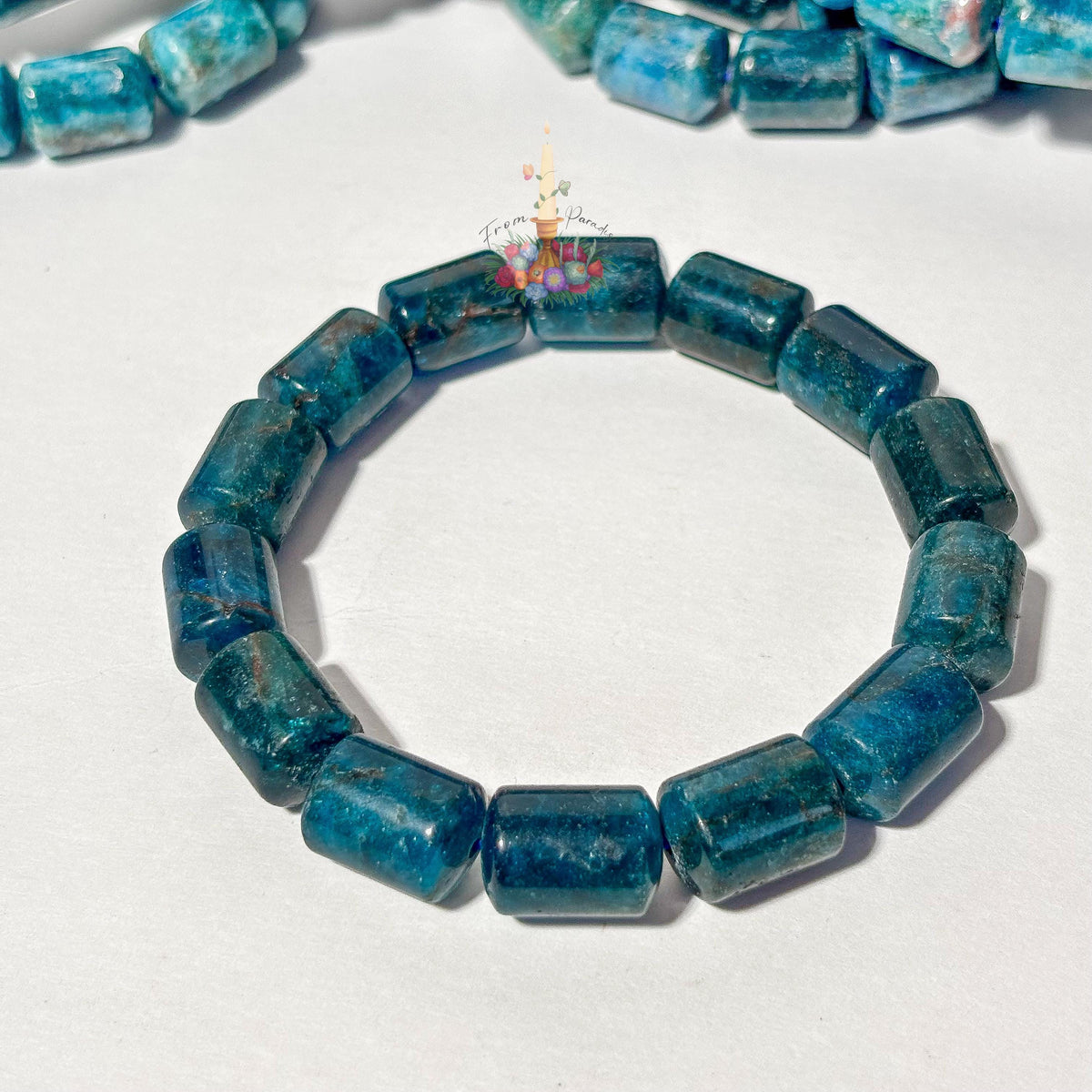 Natural Blue Apatite Barrel Bead Bracelet | Deep Teal Gemstone Cylinder Stretch Bracelet | Throat Chakra Manifestation Crystal Jewelry
