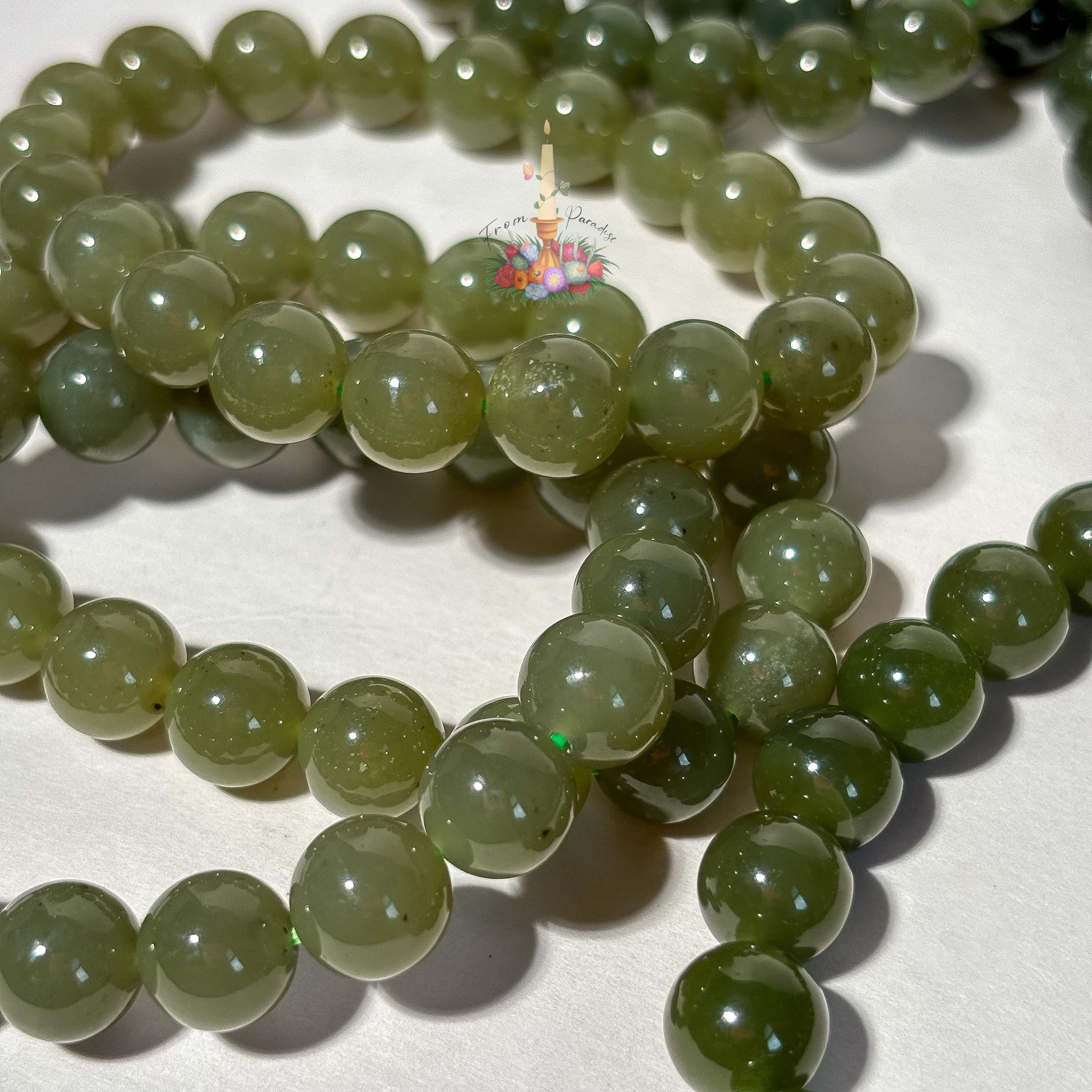 Natural Green Nephrite Jade Bracelet, Deep Olive Gemstone Round Bead Stretch Bracelet, Heart Chakra Healing Crystal Jewelry, Abundance Luck