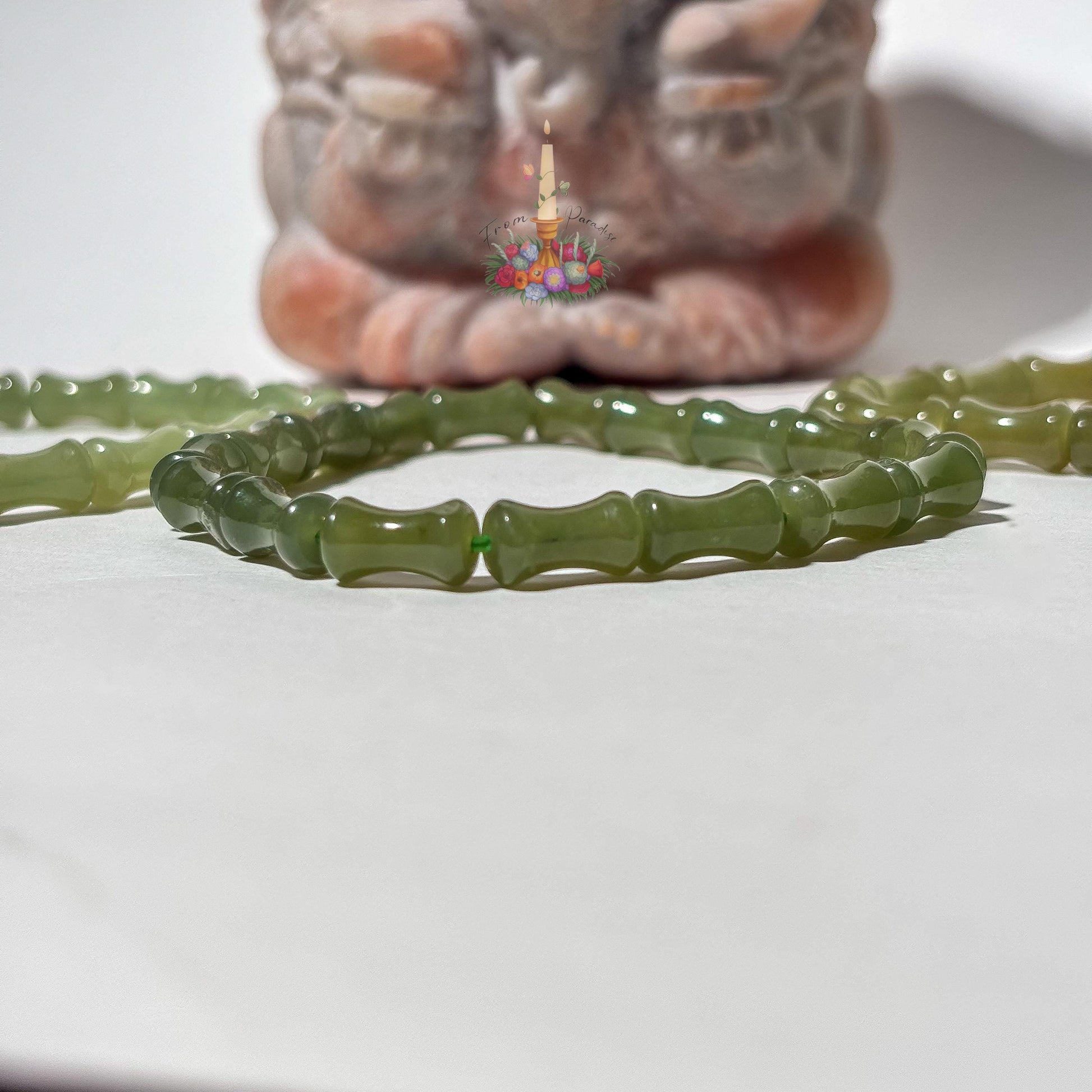 Green Nephrite Jade Bamboo Bracelet, Deep Forest Gemstone Carved Cylinder Stretch Bracelet, Heart Chakra Good Luck & Growth Crystal Jewelry