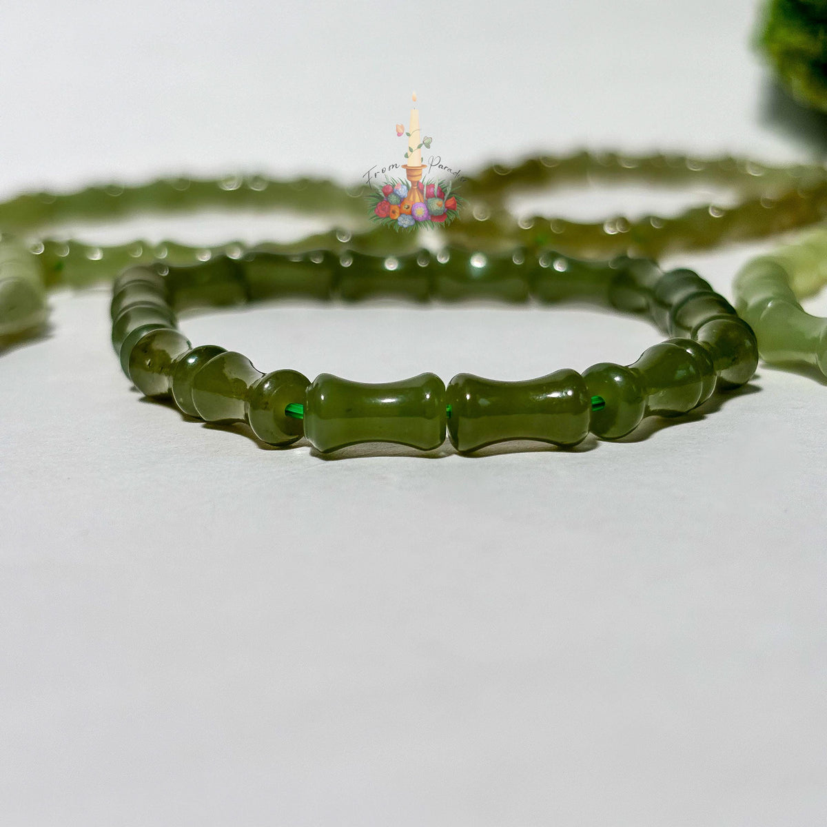 Green Nephrite Jade Bamboo Bracelet, Deep Forest Gemstone Carved Cylinder Stretch Bracelet, Heart Chakra Good Luck & Growth Crystal Jewelry