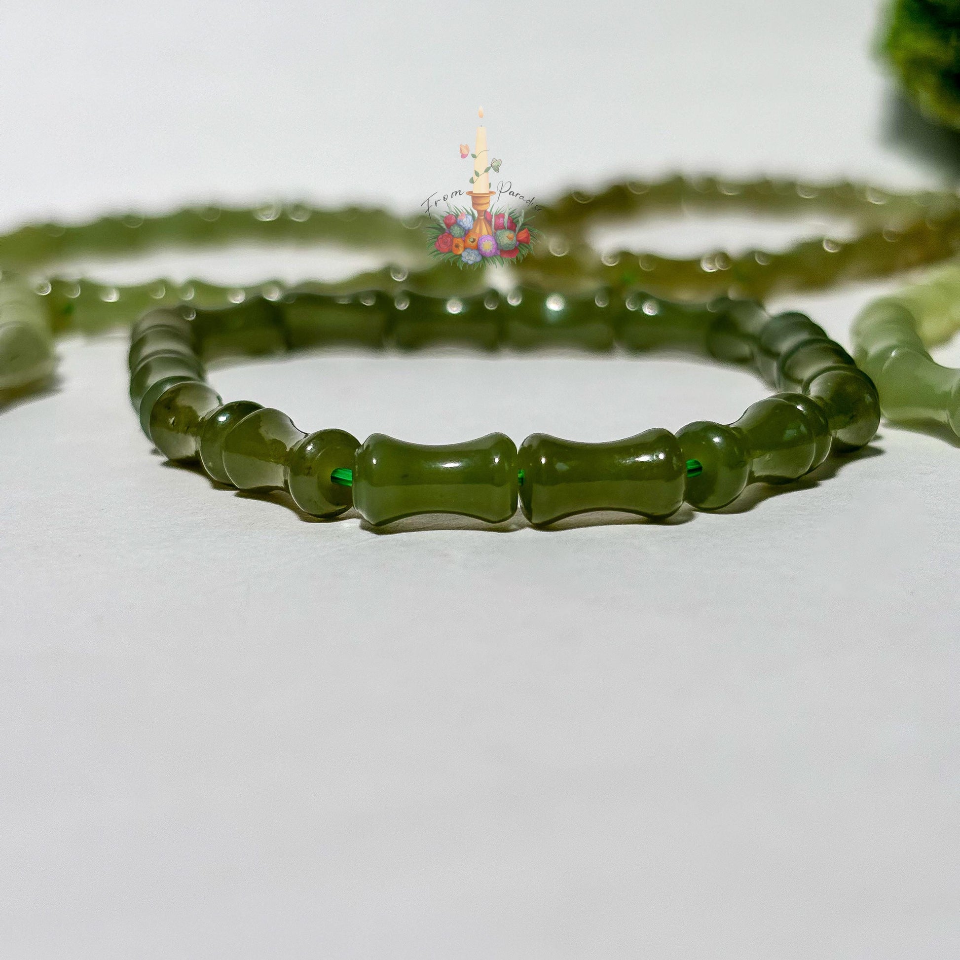 Green Nephrite Jade Bamboo Bracelet, Deep Forest Gemstone Carved Cylinder Stretch Bracelet, Heart Chakra Good Luck & Growth Crystal Jewelry