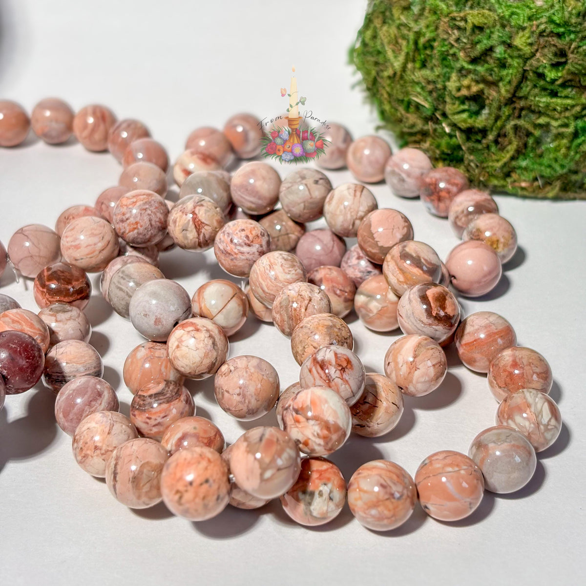 Natural Pink Oil Painting Alashan Agate Bracelet, Swirl Round Bead Stretch Wristlet, Pastel Gemstone Stacking Jewelry, Heart Chakra Crystal