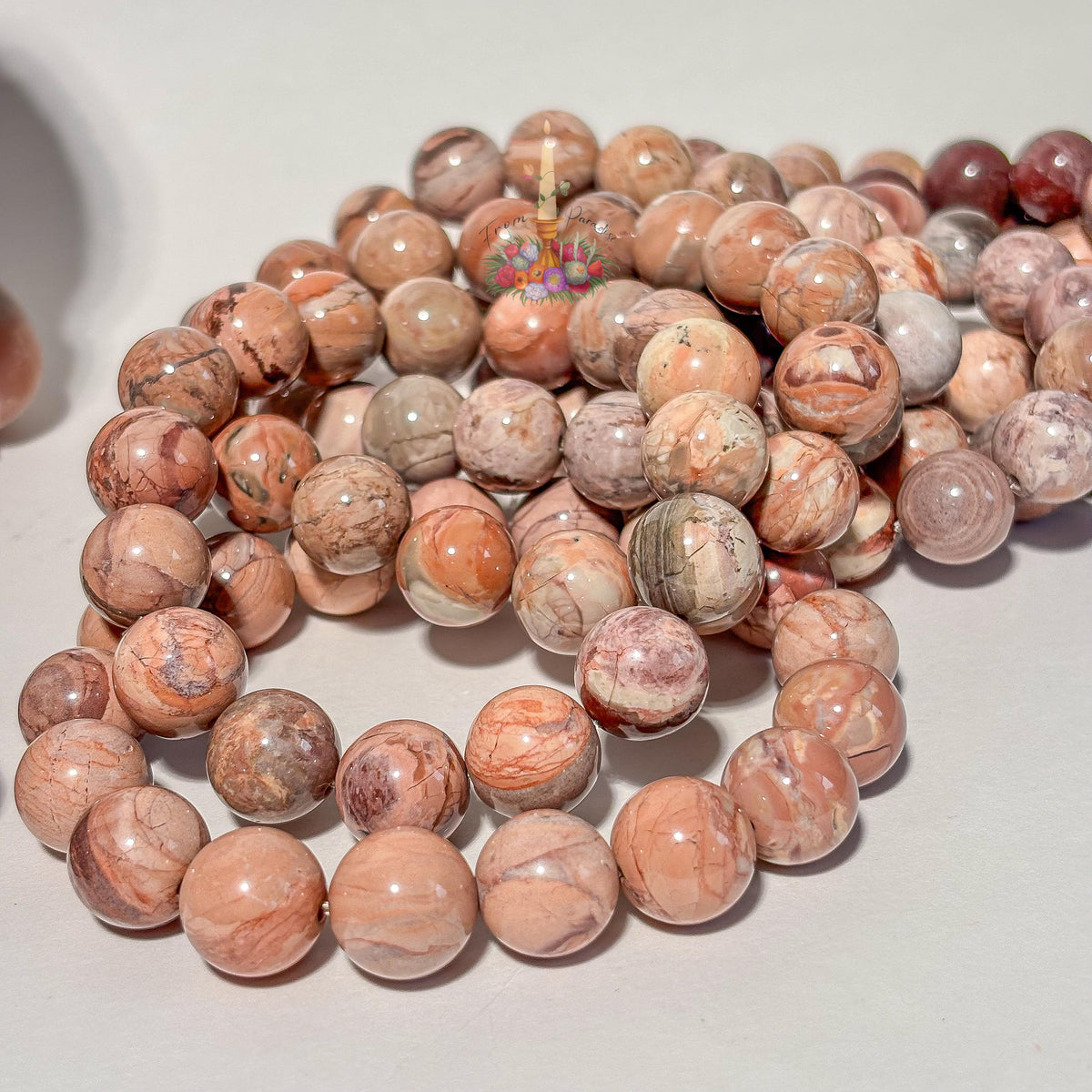 Natural Pink Oil Painting Alashan Agate Bracelet, Swirl Round Bead Stretch Wristlet, Pastel Gemstone Stacking Jewelry, Heart Chakra Crystal