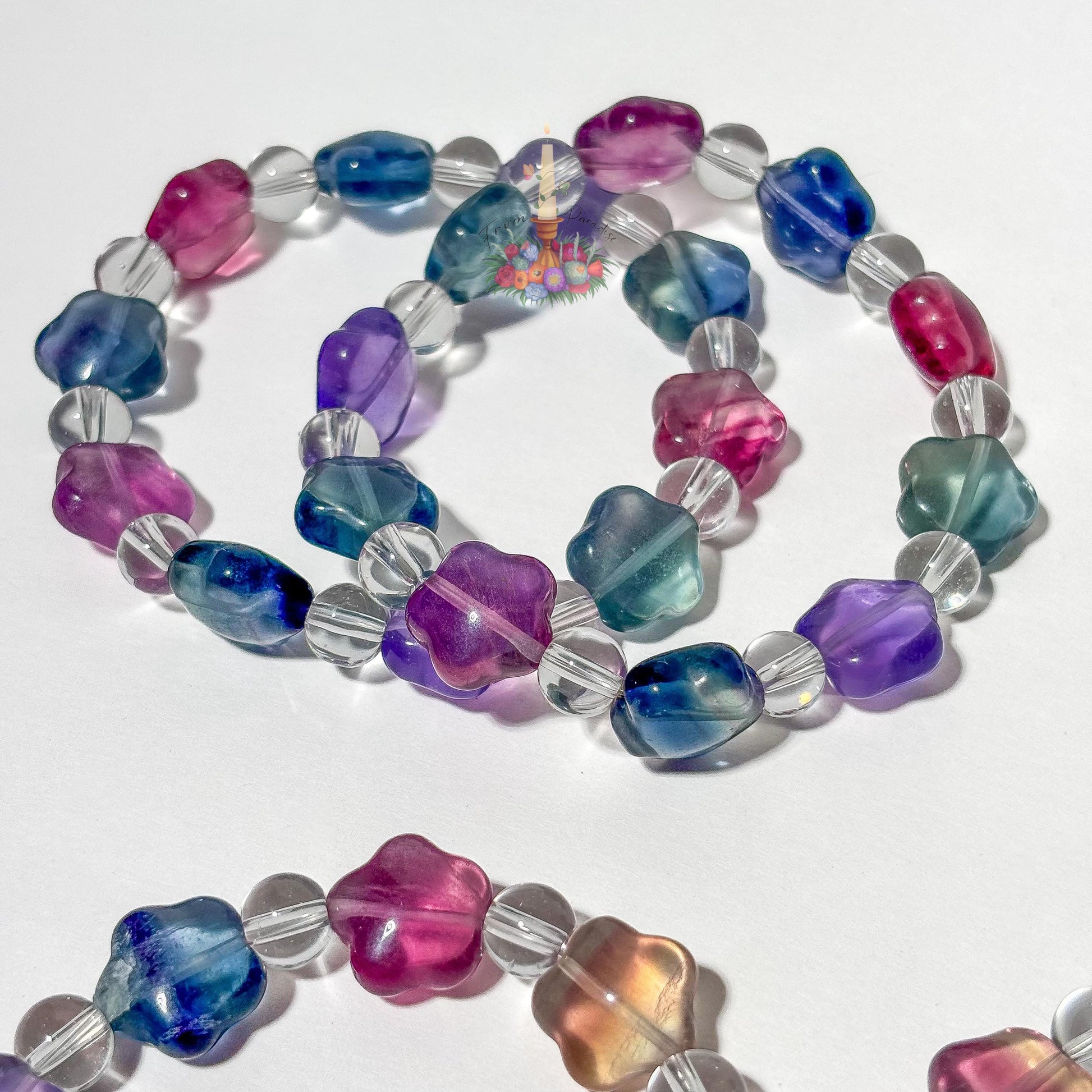 Rainbow Fluorite Star Crystal Bracelet, Clear Quartz Beaded Stretch Bracelet, Colorful Carved Gemstone Jewelry, Cute Celestial Crystal Gift