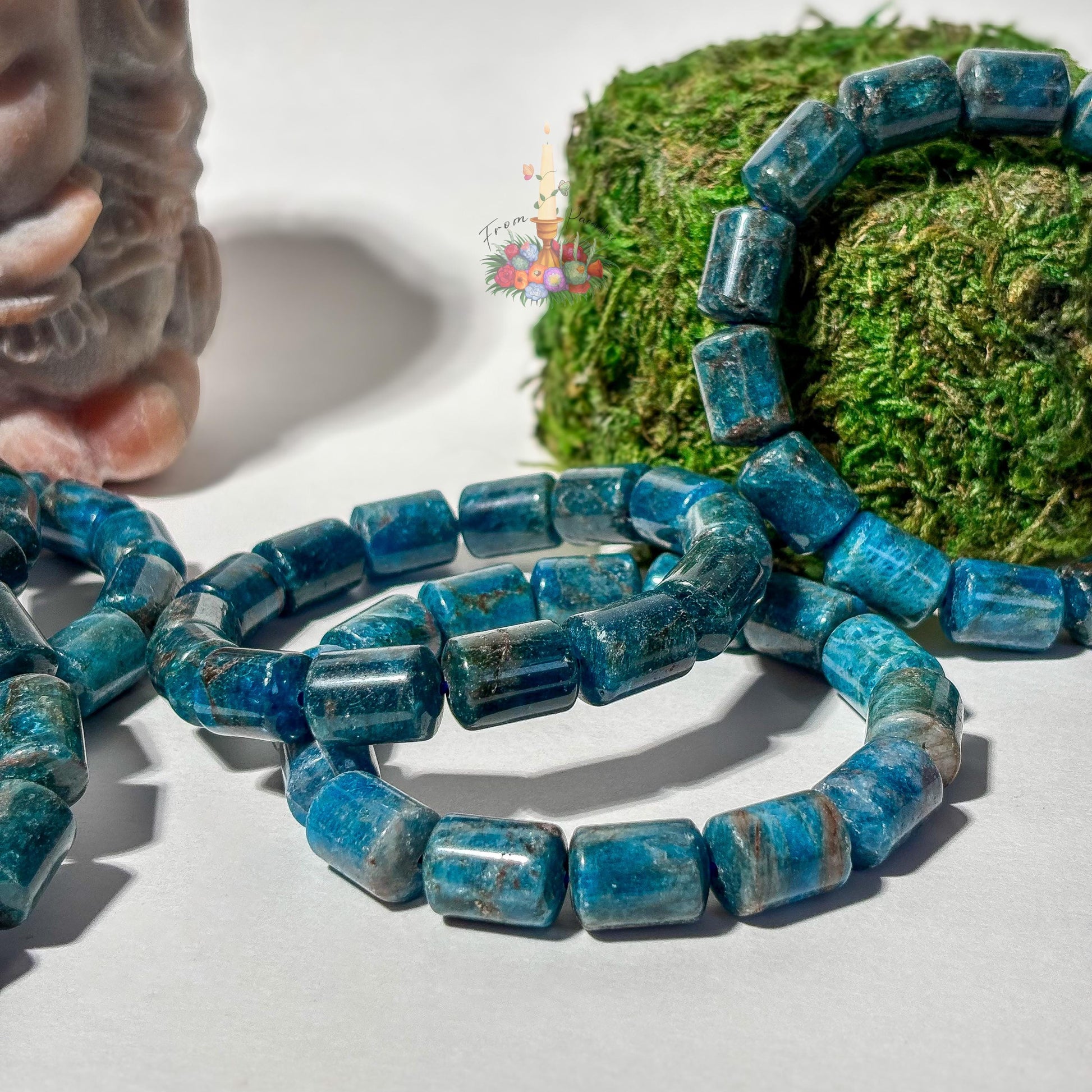 Natural Blue Apatite Barrel Bead Bracelet | Deep Teal Gemstone Cylinder Stretch Bracelet | Throat Chakra Manifestation Crystal Jewelry
