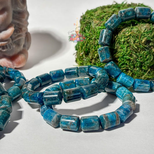 Natural Blue Apatite Barrel Bead Bracelet | Deep Teal Gemstone Cylinder Stretch Bracelet | Throat Chakra Manifestation Crystal Jewelry