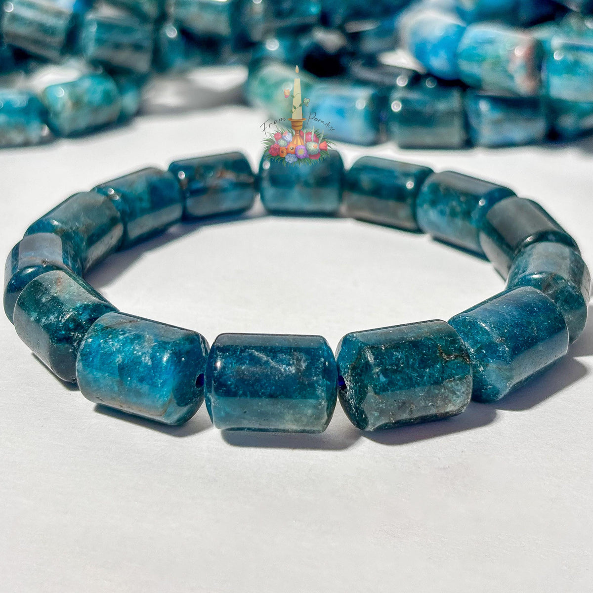 Natural Blue Apatite Barrel Bead Bracelet | Deep Teal Gemstone Cylinder Stretch Bracelet | Throat Chakra Manifestation Crystal Jewelry